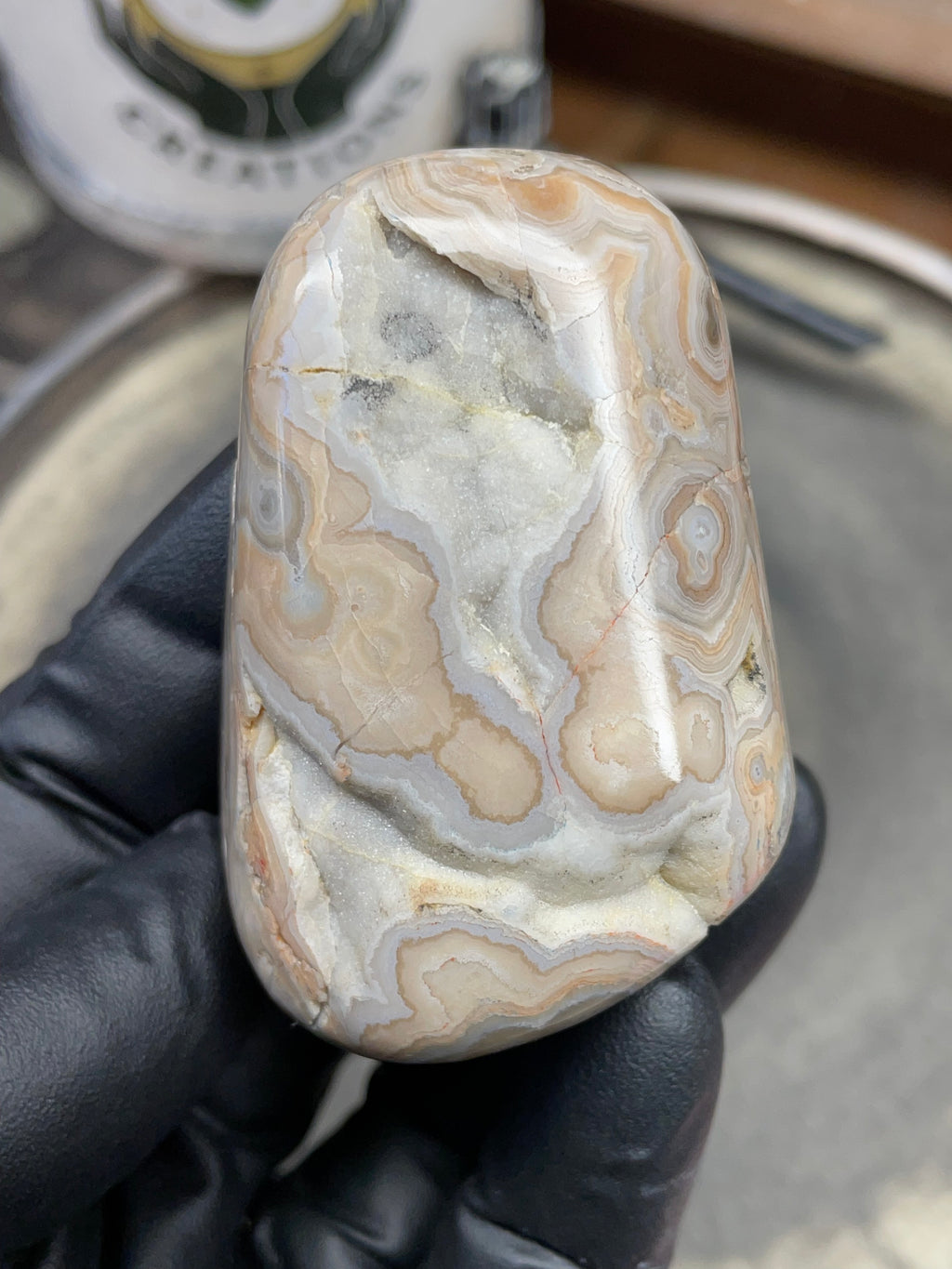 StoneBorn Creations – Hand Polished Georgia Lace Agate with Natural Druzy Crystal Pocket | One-of-a-Kind Display Stone