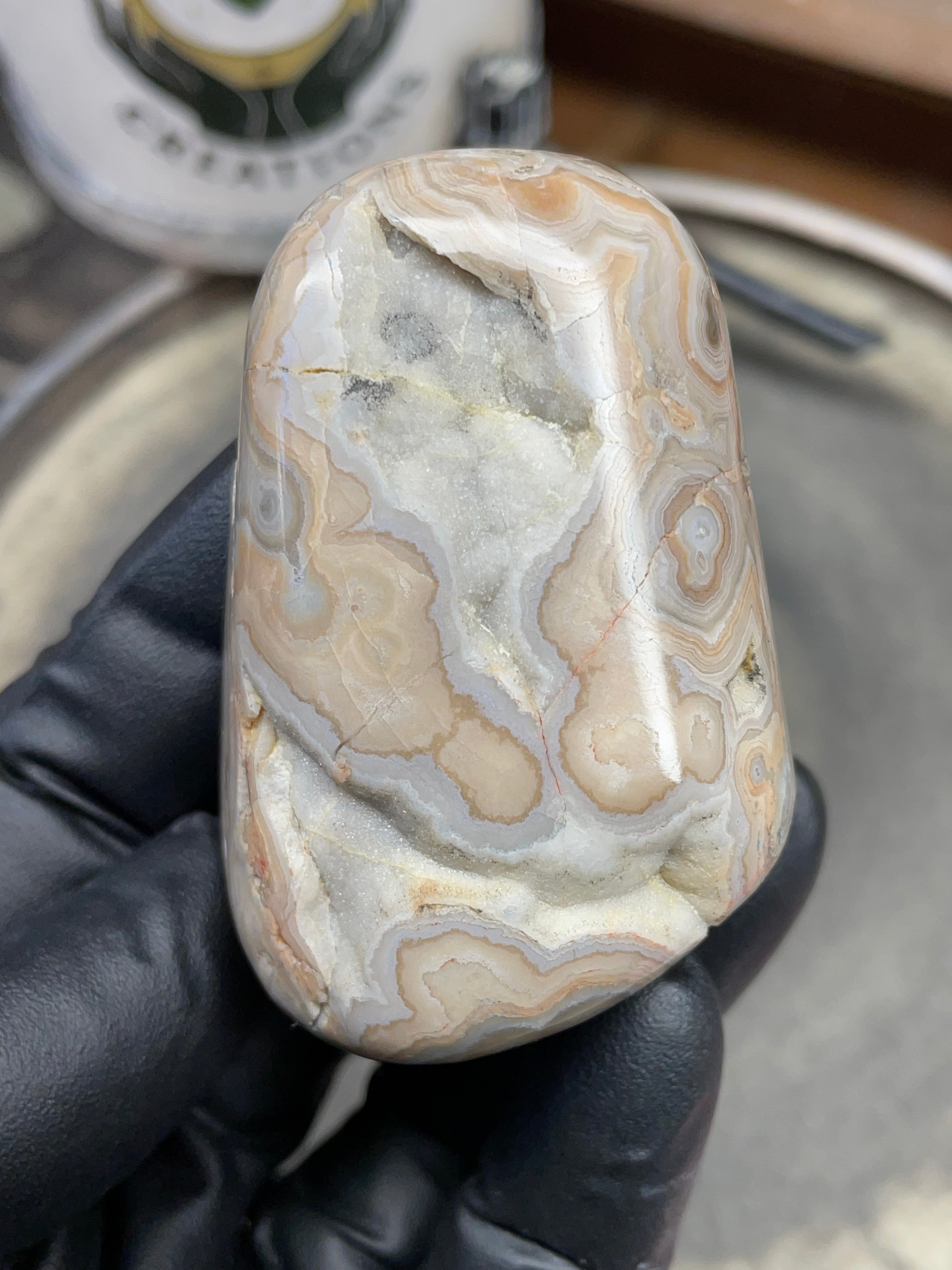 StoneBorn Creations – Hand Polished Georgia Lace Agate with Natural Druzy Crystal Pocket | One-of-a-Kind Display Stone