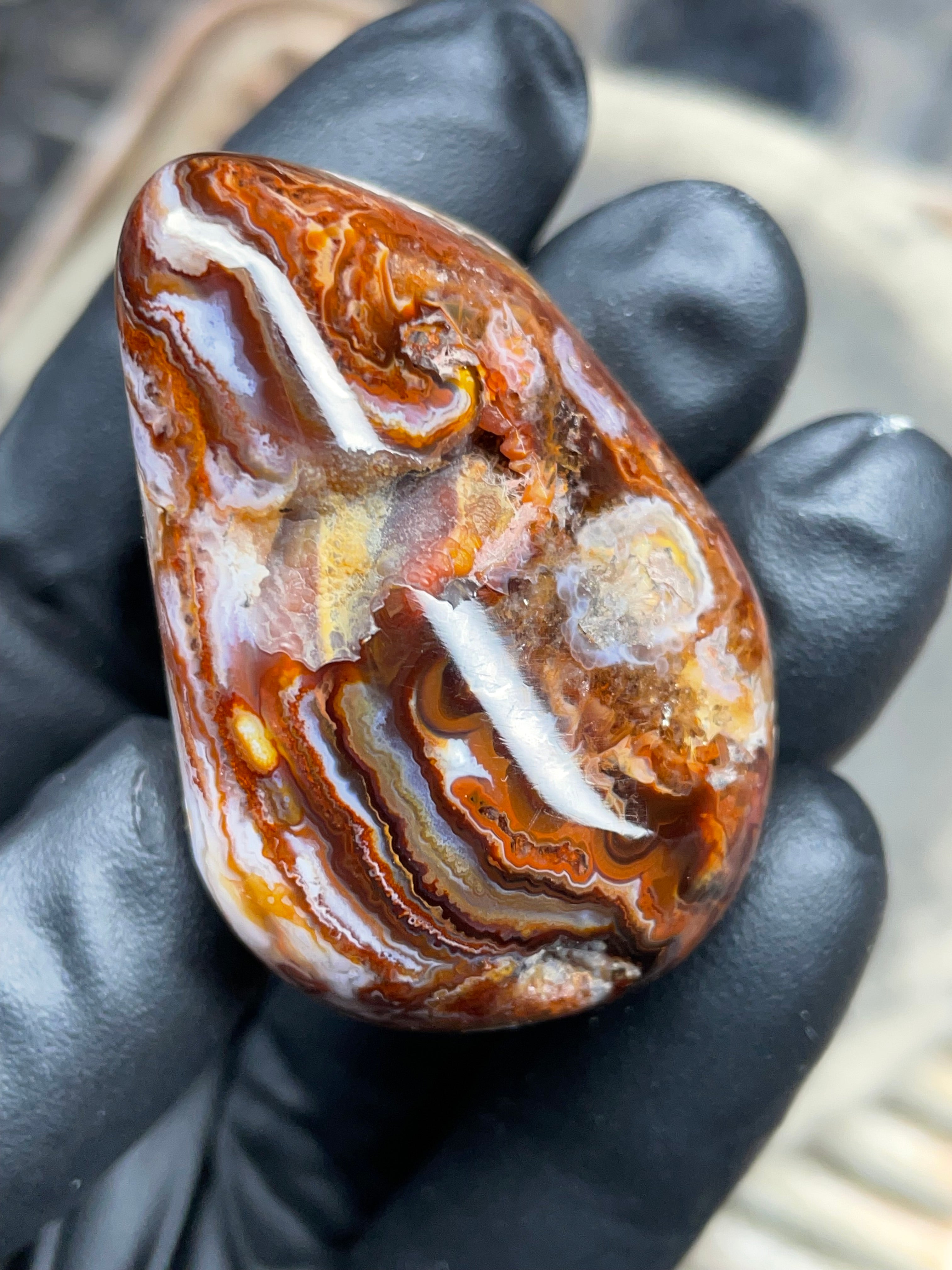 StoneBorn Creations Hand-Polished Fire Agate with Raw Crystal Top – Banded Natural Agate Display Stone