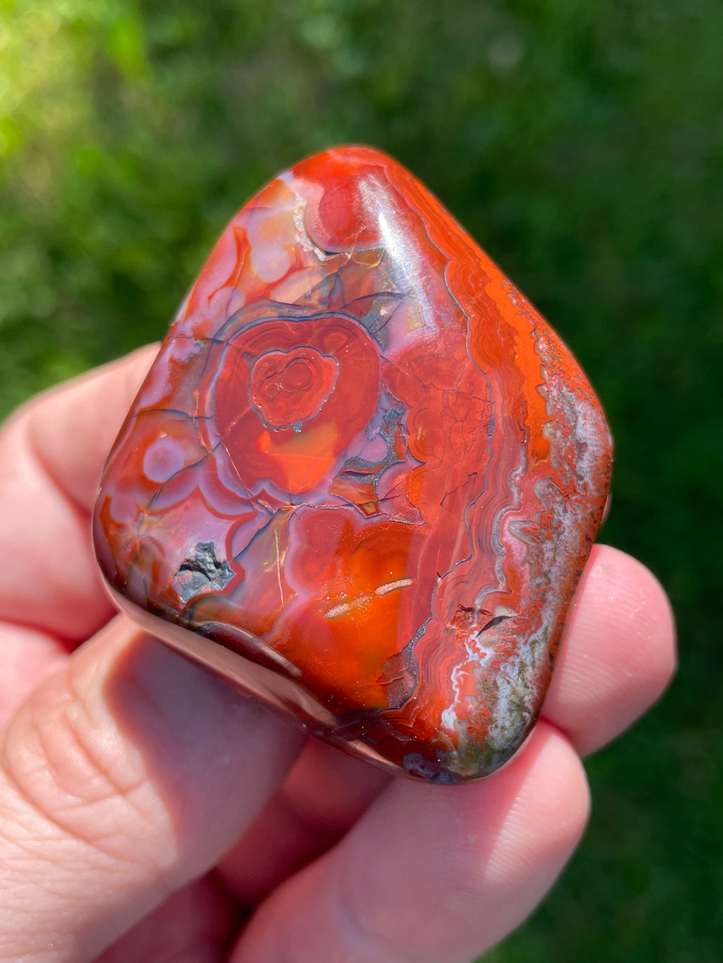 StoneBorn Creations Hand-Polished Lace Agate Freeform with Bold Red Plumes, Fortification Banding & Natural Matrix