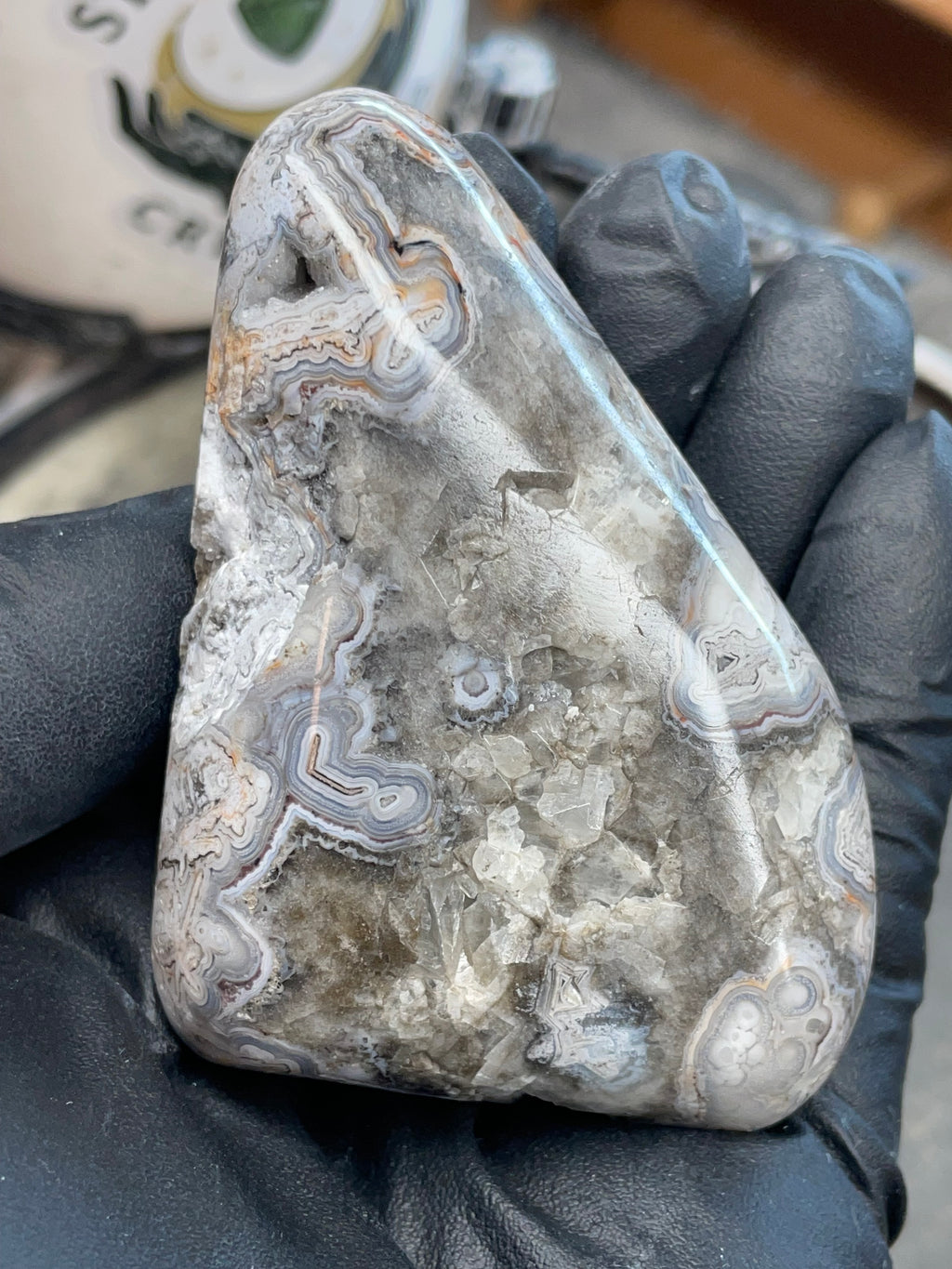 StoneBorn Creations | Hand-Polished Lace Agate with Natural Quartz Crystal Pockets
