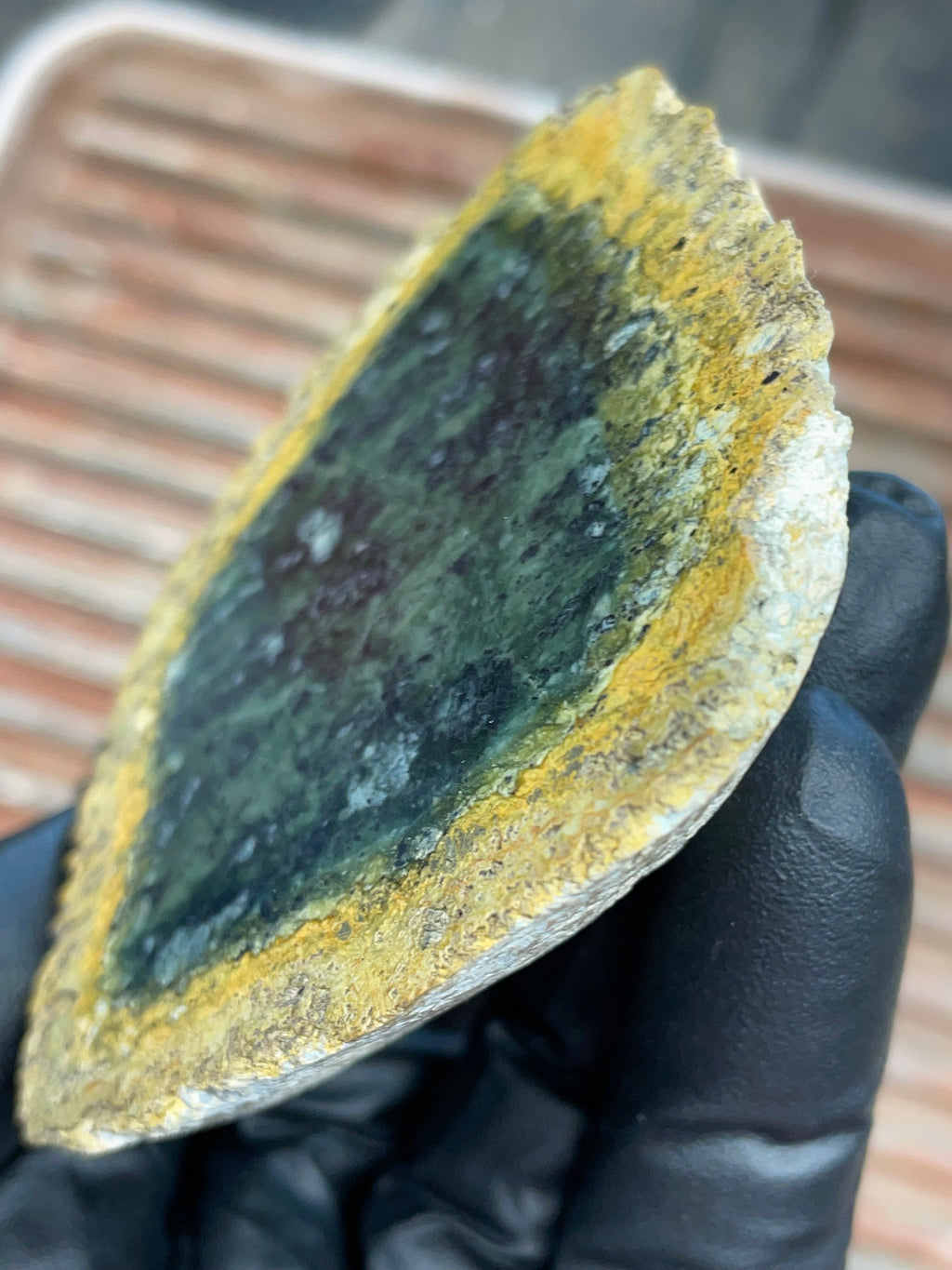 StoneBorn Creations | Polished Vermont Greenstone Slab — Deep Green Core with Golden Weathered Rind