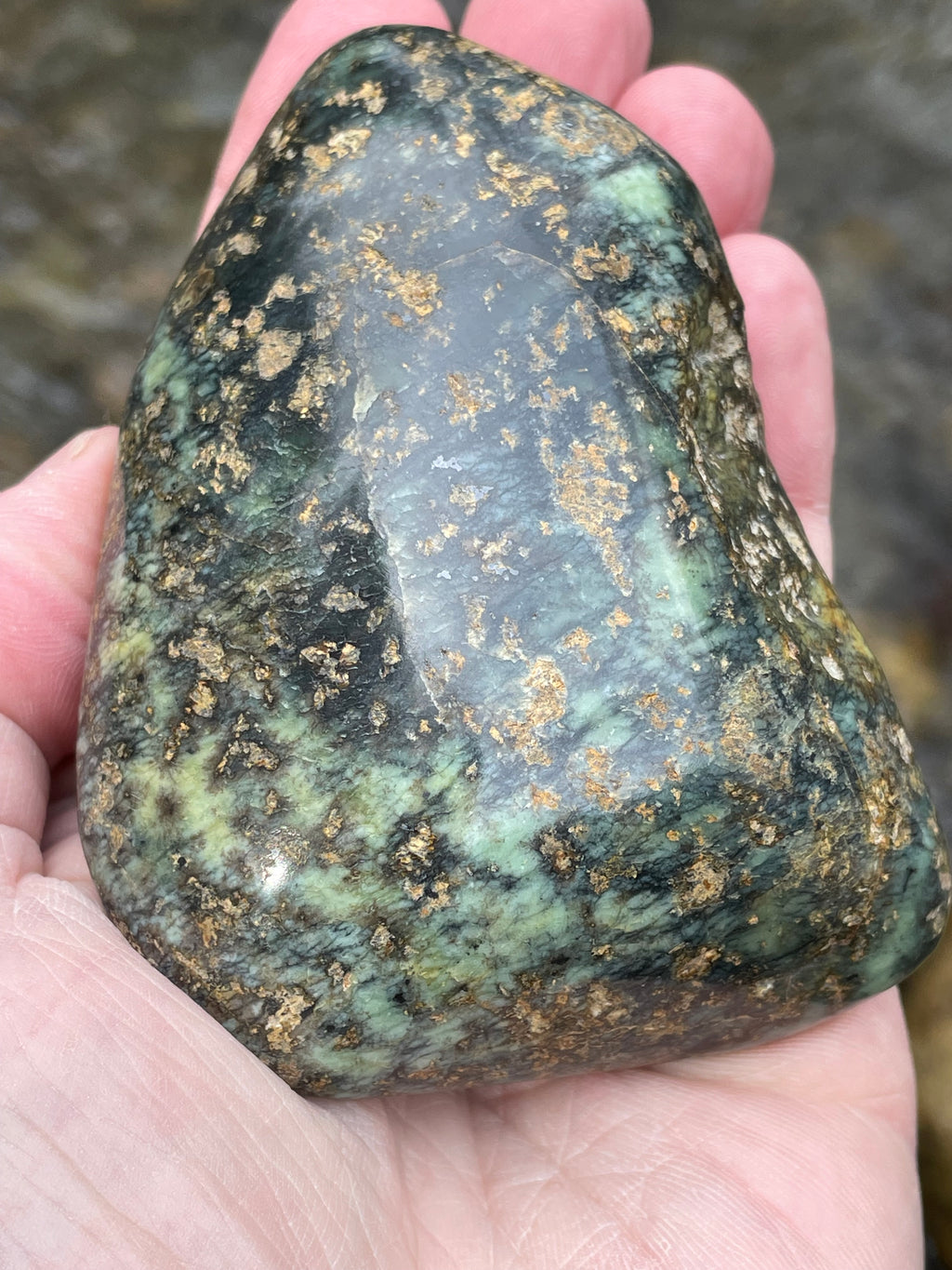 StoneBorn Creations Hand-Polished Vermont Serpentine with Golden Flecking Deep Forest Greens Full 360 Finish