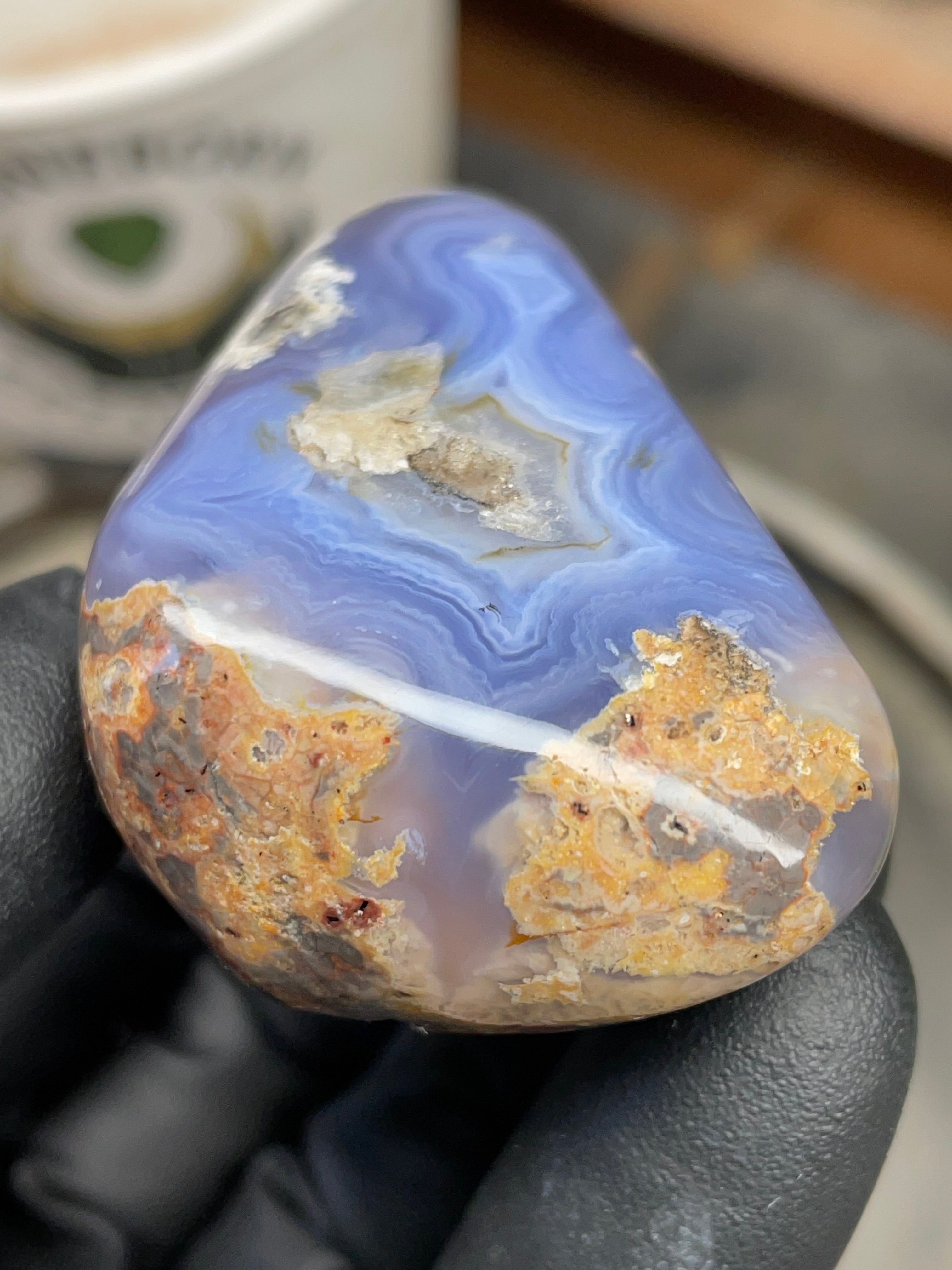 StoneBorn Creations Hand-Polished Blue Lace Agate with Natural Druzy Crystal Pocket & Earth-Toned Matrix