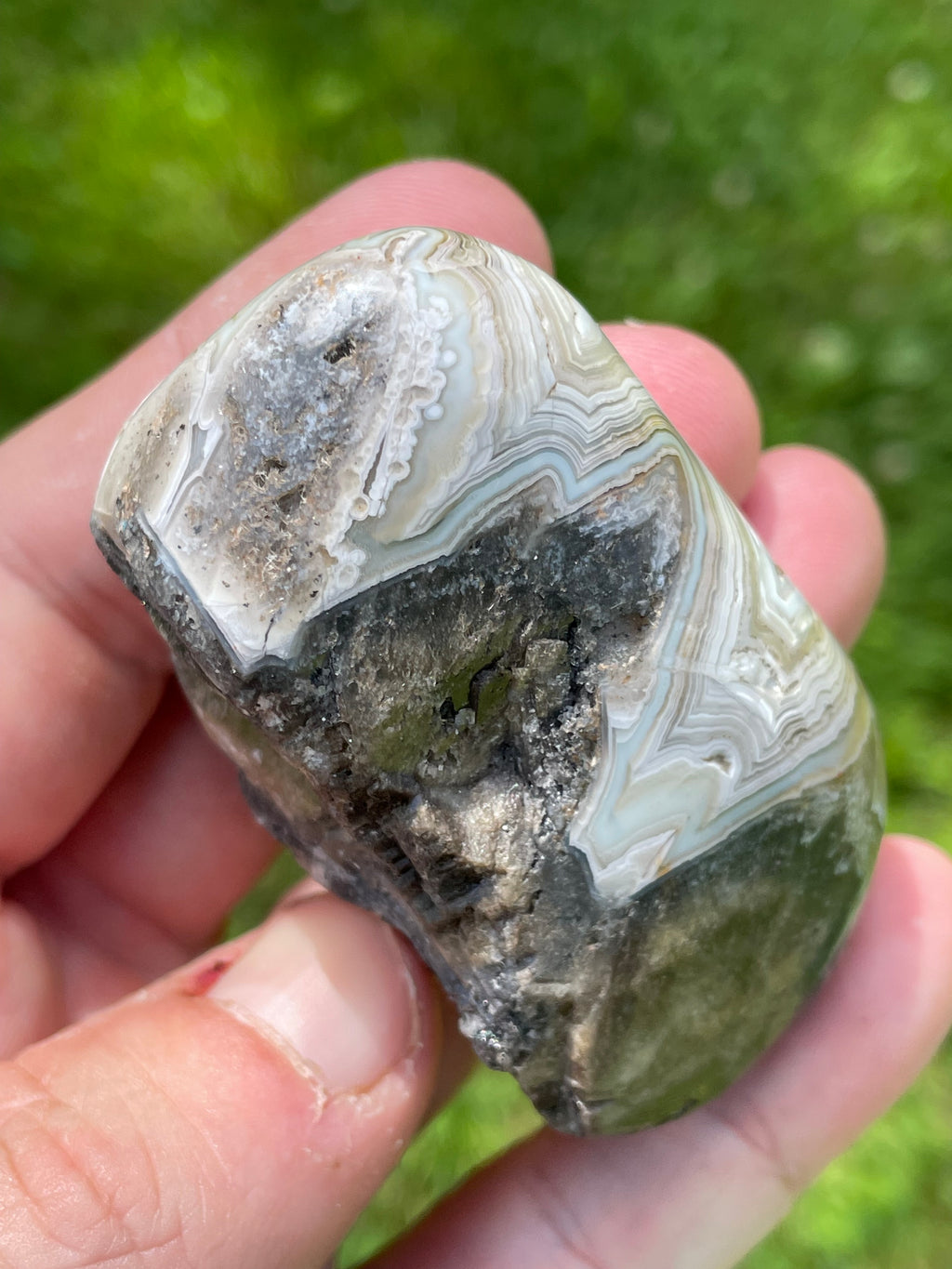 StoneBorn Creations Hand-Polished Lace Agate Freeform with Intricate Fortification Banding, Orbicular Eyes & Preserved Natural Matrix