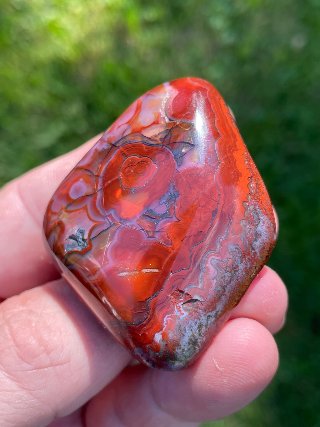 StoneBorn Creations Hand-Polished Lace Agate Freeform with Bold Red Plumes, Fortification Banding & Natural Matrix