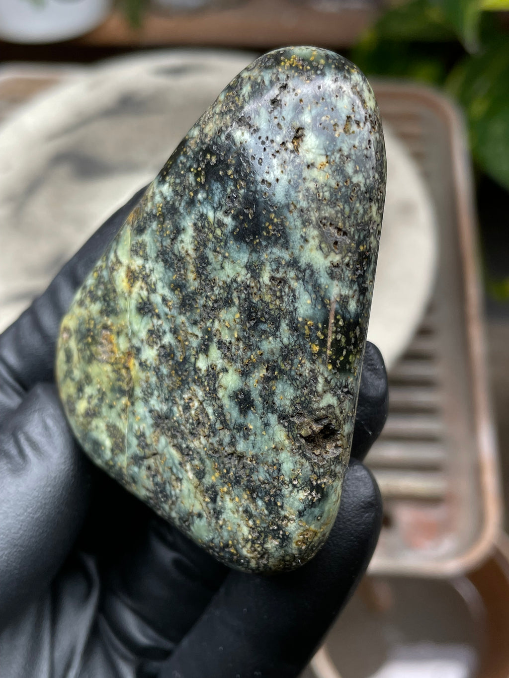 Hand-Polished Vermont Serpentine with Golden Flecking, Deep Green Tones, and Natural Matrix Freeform Finish