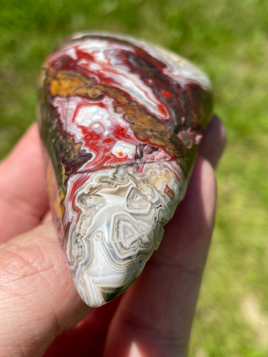 StoneBorn Creations Hand-Polished Lace Agate Freeform with Deep Crimson Banding, Intricate Fortification Patterns, and Natural Druzy Pocket