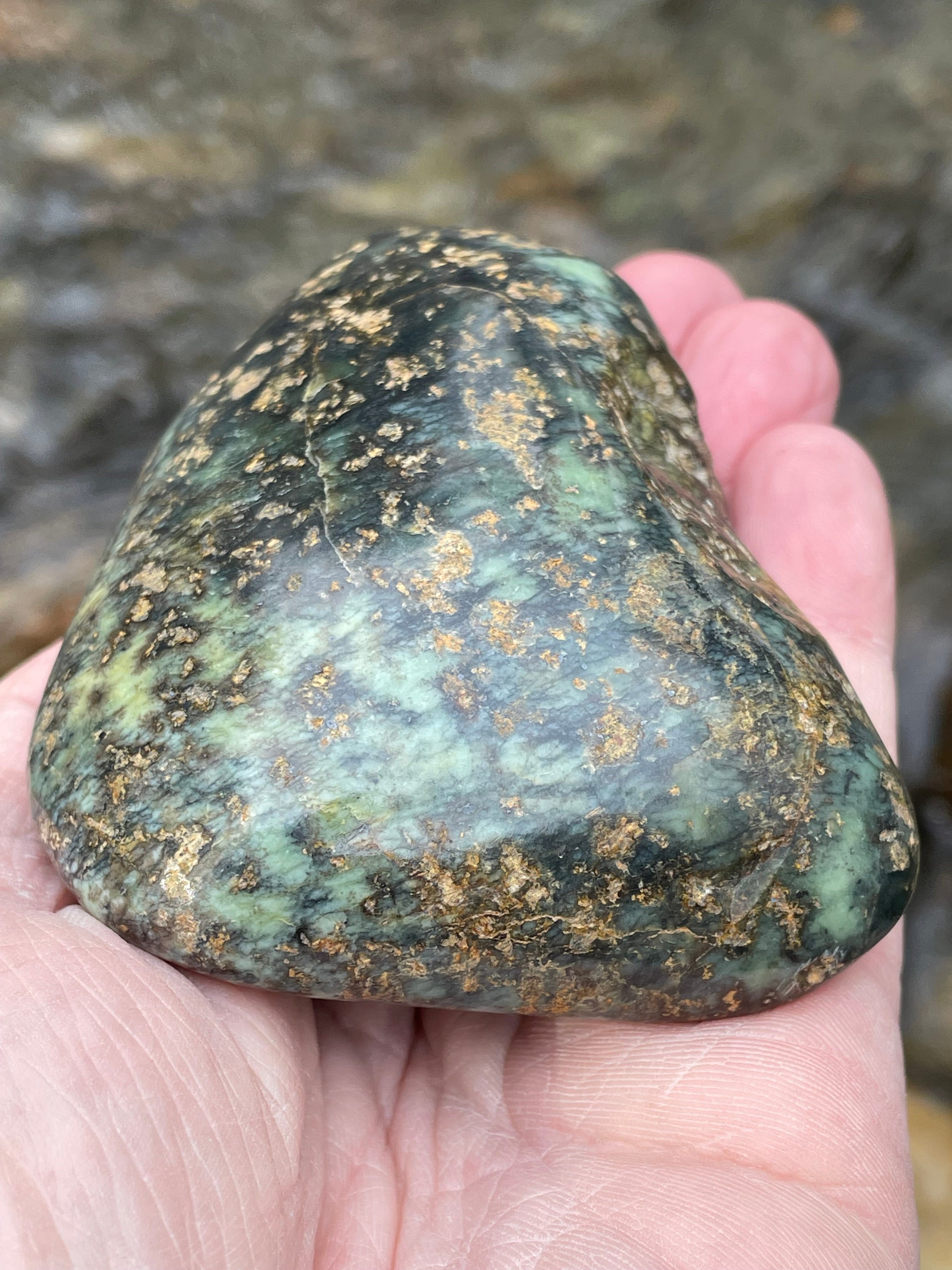 StoneBorn Creations Hand-Polished Vermont Serpentine with Golden Flecking Deep Forest Greens Full 360 Finish