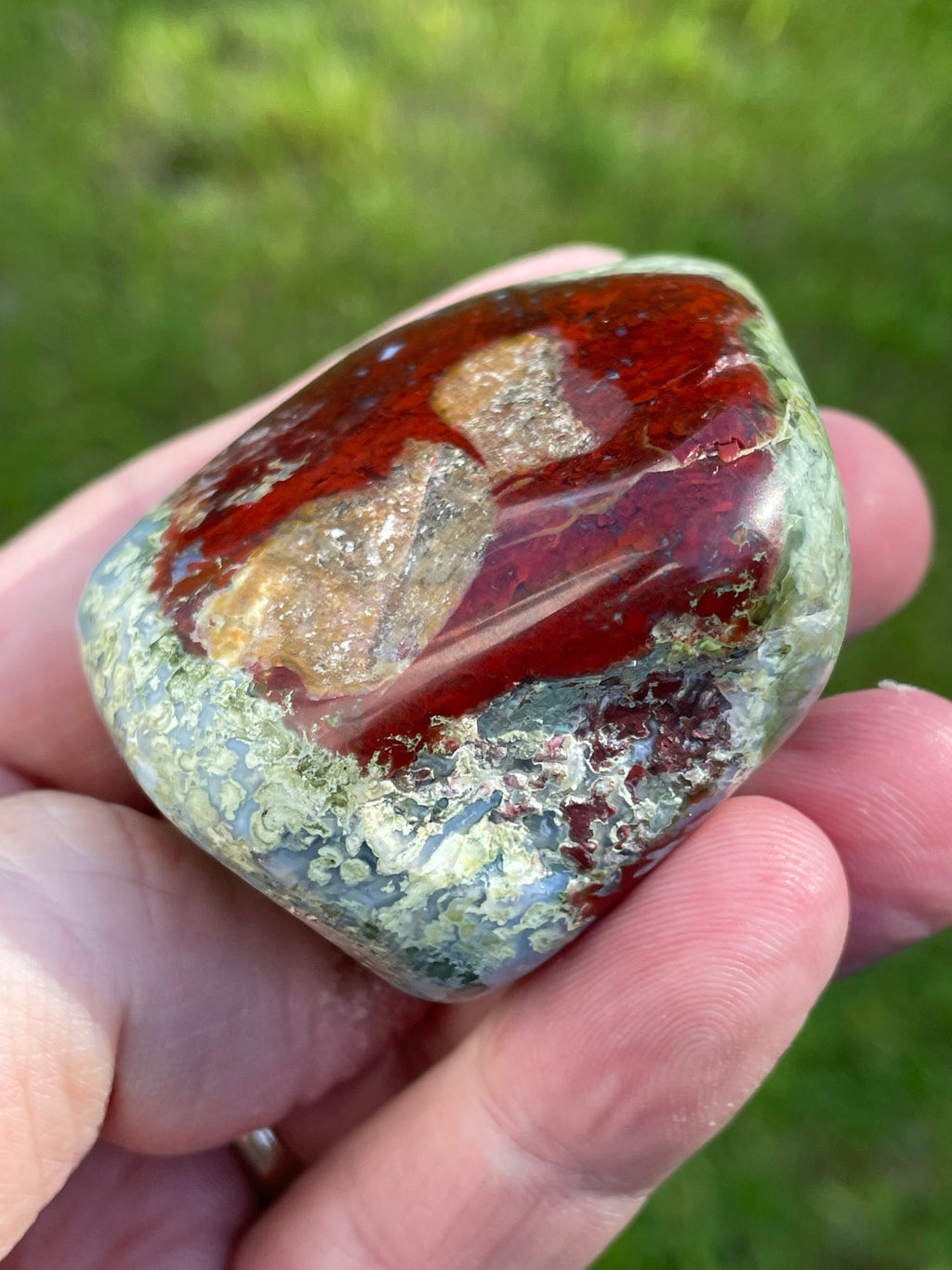 StoneBorn Creations Hand-Polished Agate Freeform with Blue Chalcedony, Deep Red Jasper Inclusions and Green Mossy Matrix