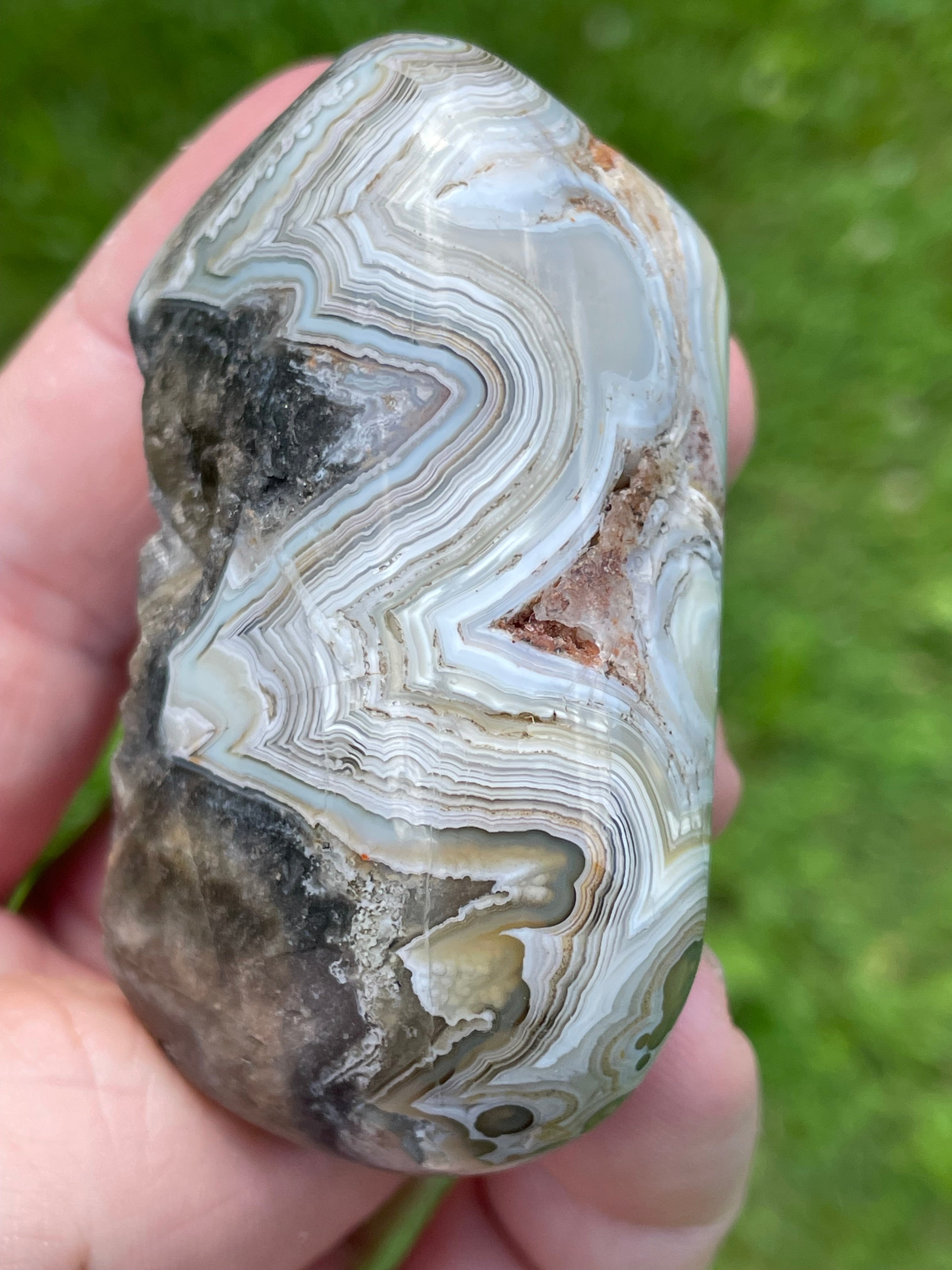 StoneBorn Creations Hand-Polished Lace Agate Freeform with Intricate Fortification Banding, Orbicular Eyes & Preserved Natural Matrix