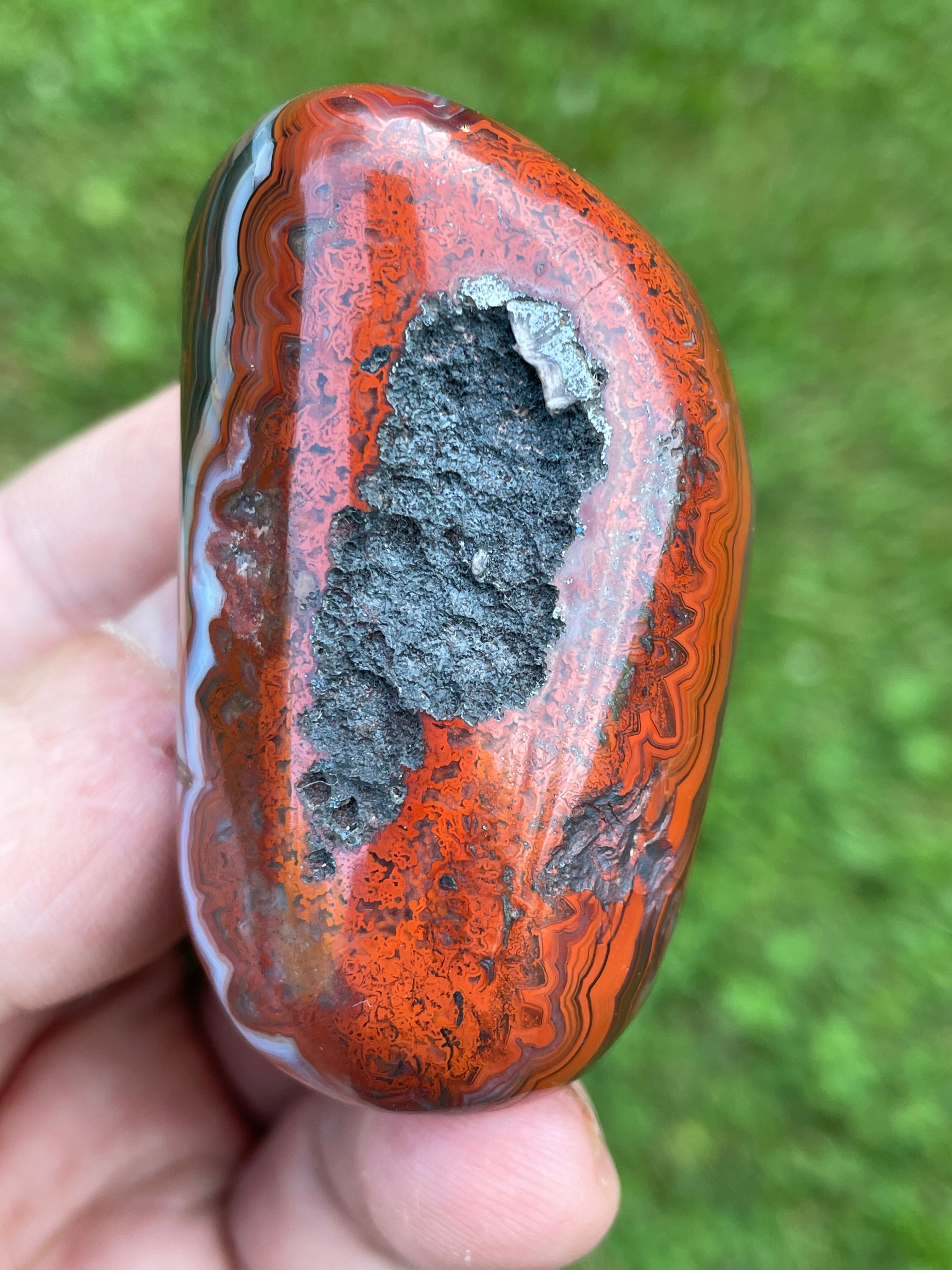 StoneBorn Creations Hand-Polished Lace Agate Freeform with Intricate Fortification Banding, Bold Red Plumes & Natural Druzy Matrix