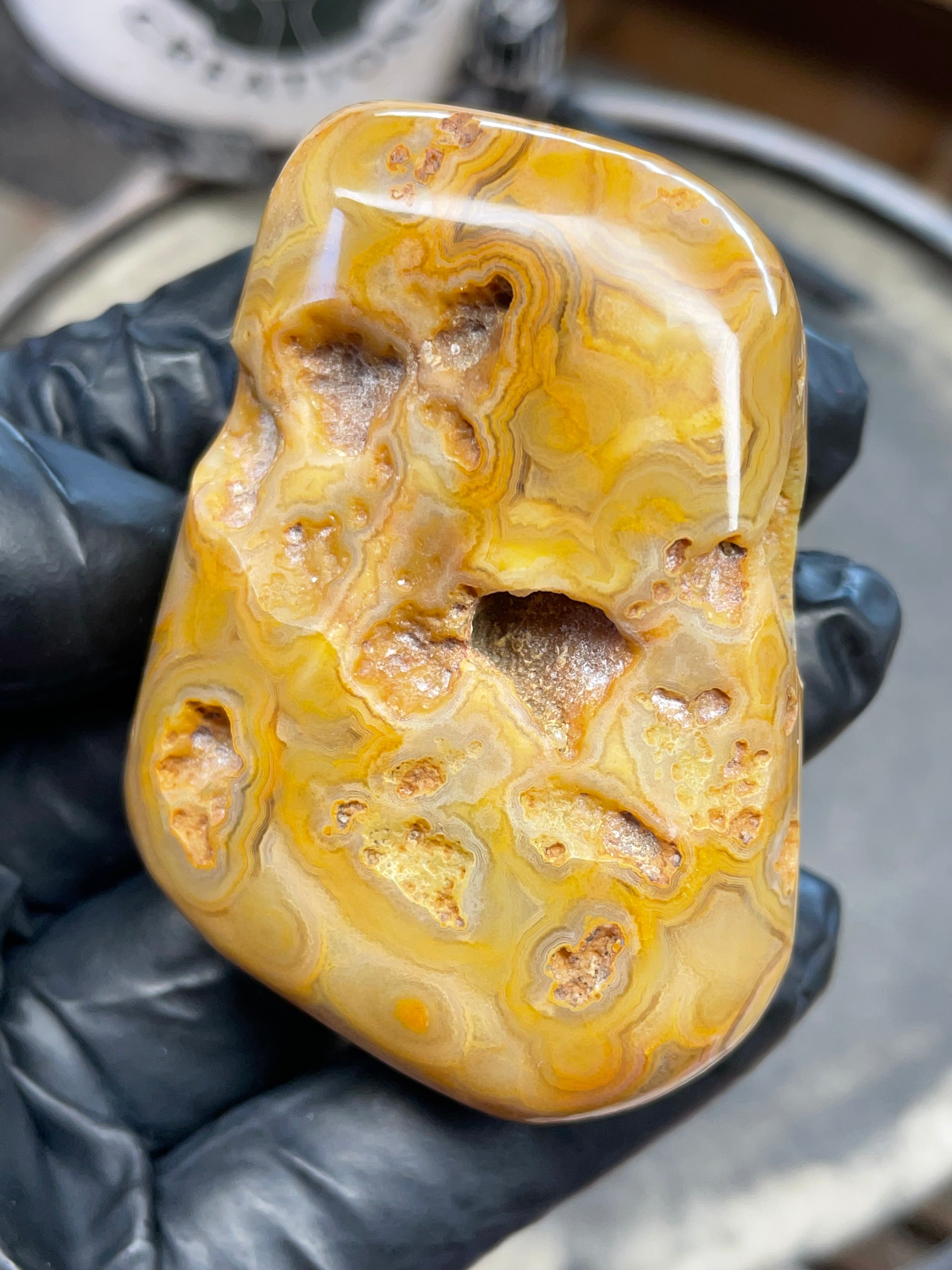 StoneBorn Creations – Crowley Ridge Agate w/ Golden Lace Banding & Natural Druzy Pockets (Hand-Polished)