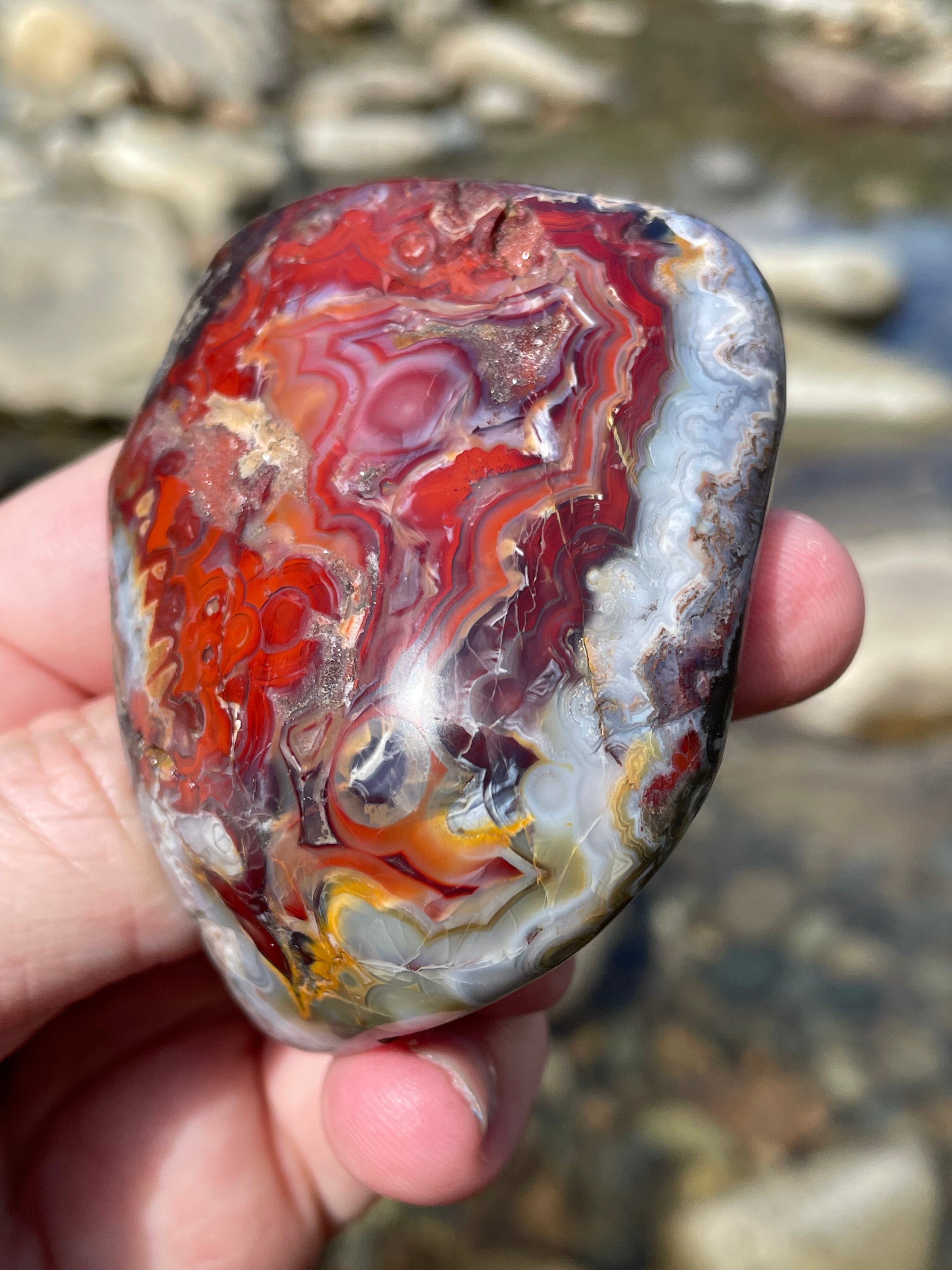 StoneBorn Creations Hand Polished Lace Agate Freeform with Fiery Crimson Banding and Natural Raw Backing
