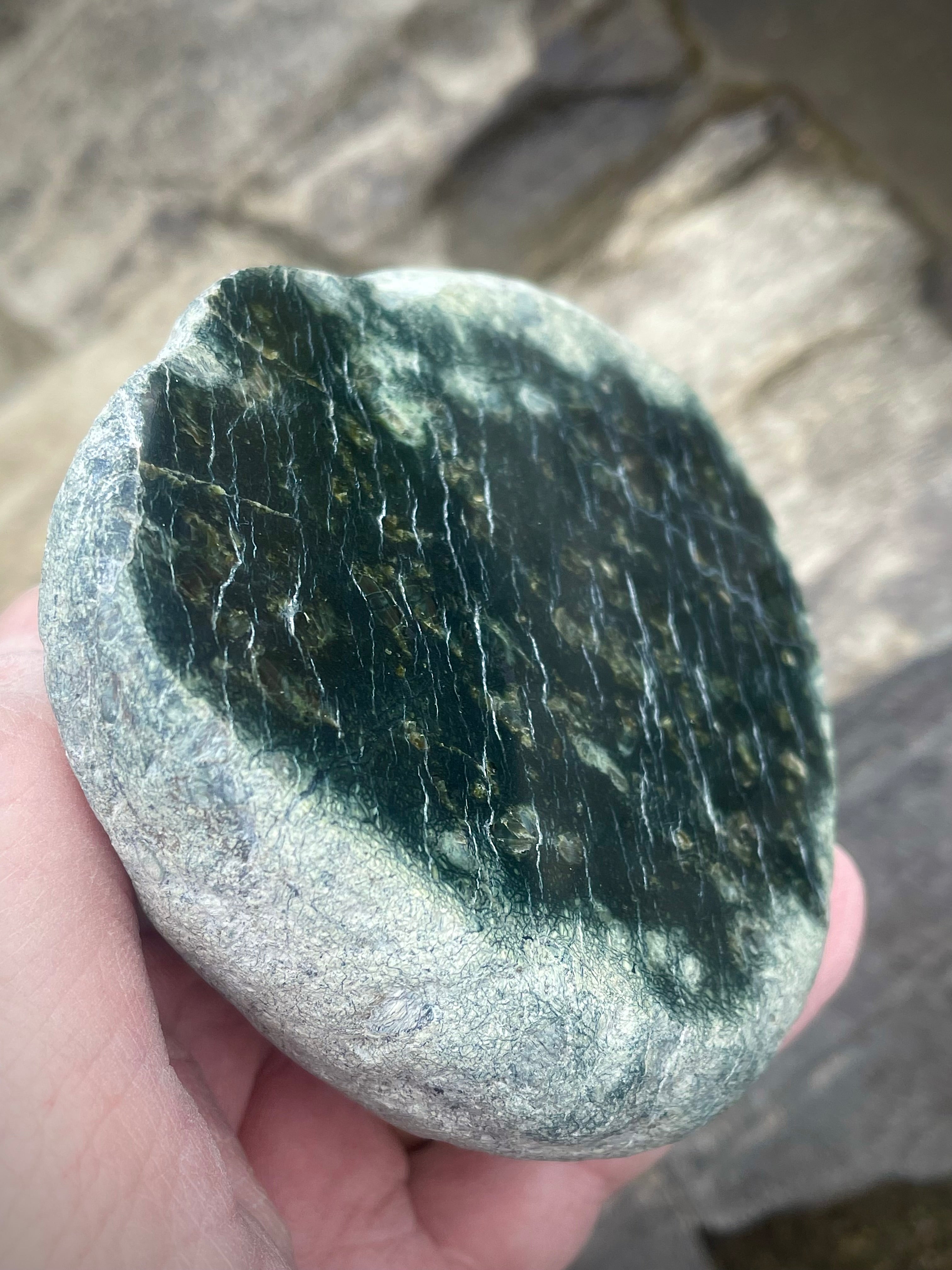 🌲 Polished Vermont Greenstone – Deep Forest Ripple Pattern (Hand-Collected & Polished)