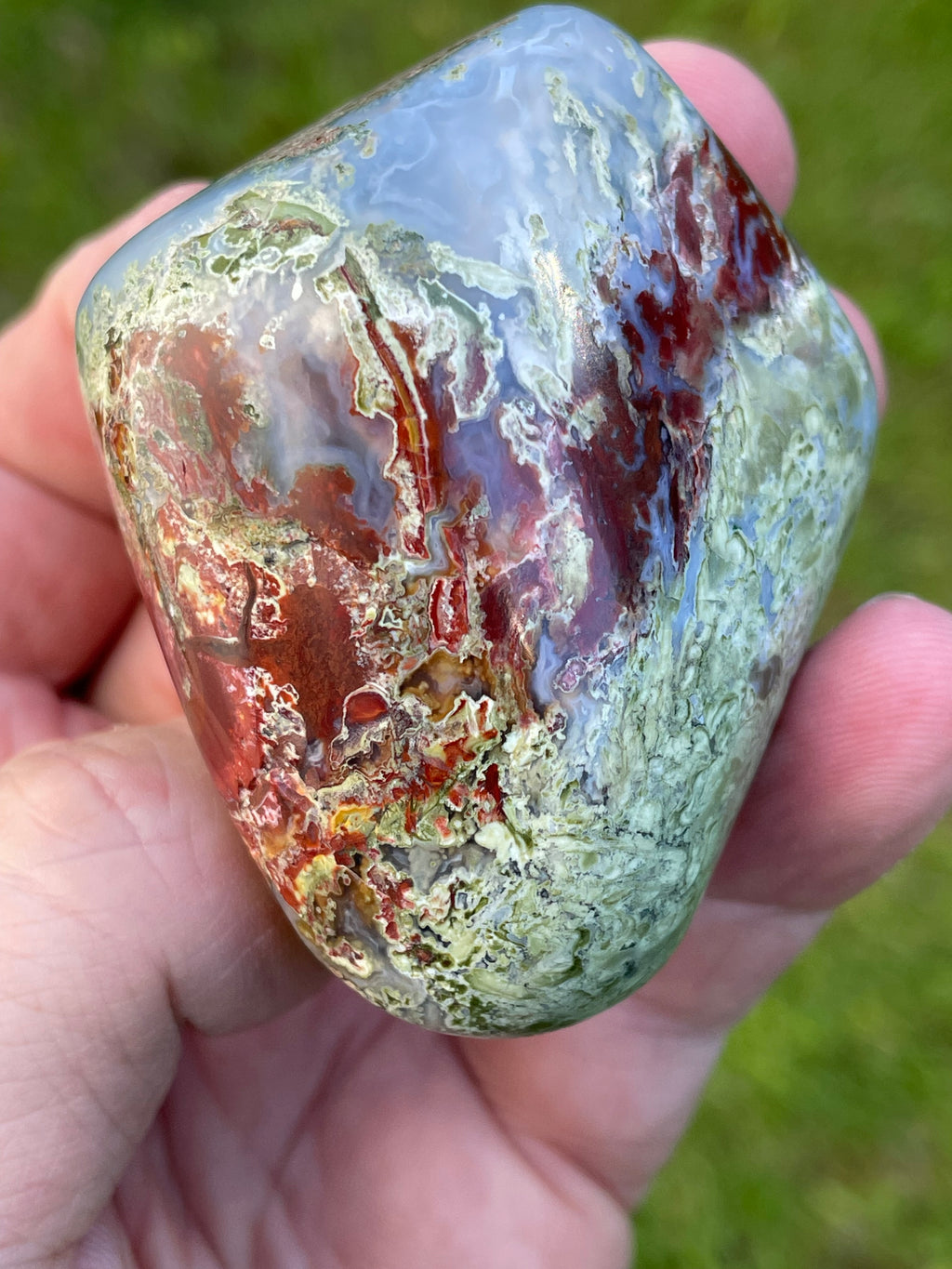 StoneBorn Creations Hand-Polished Agate Freeform with Blue Chalcedony, Deep Red Jasper Inclusions and Green Mossy Matrix