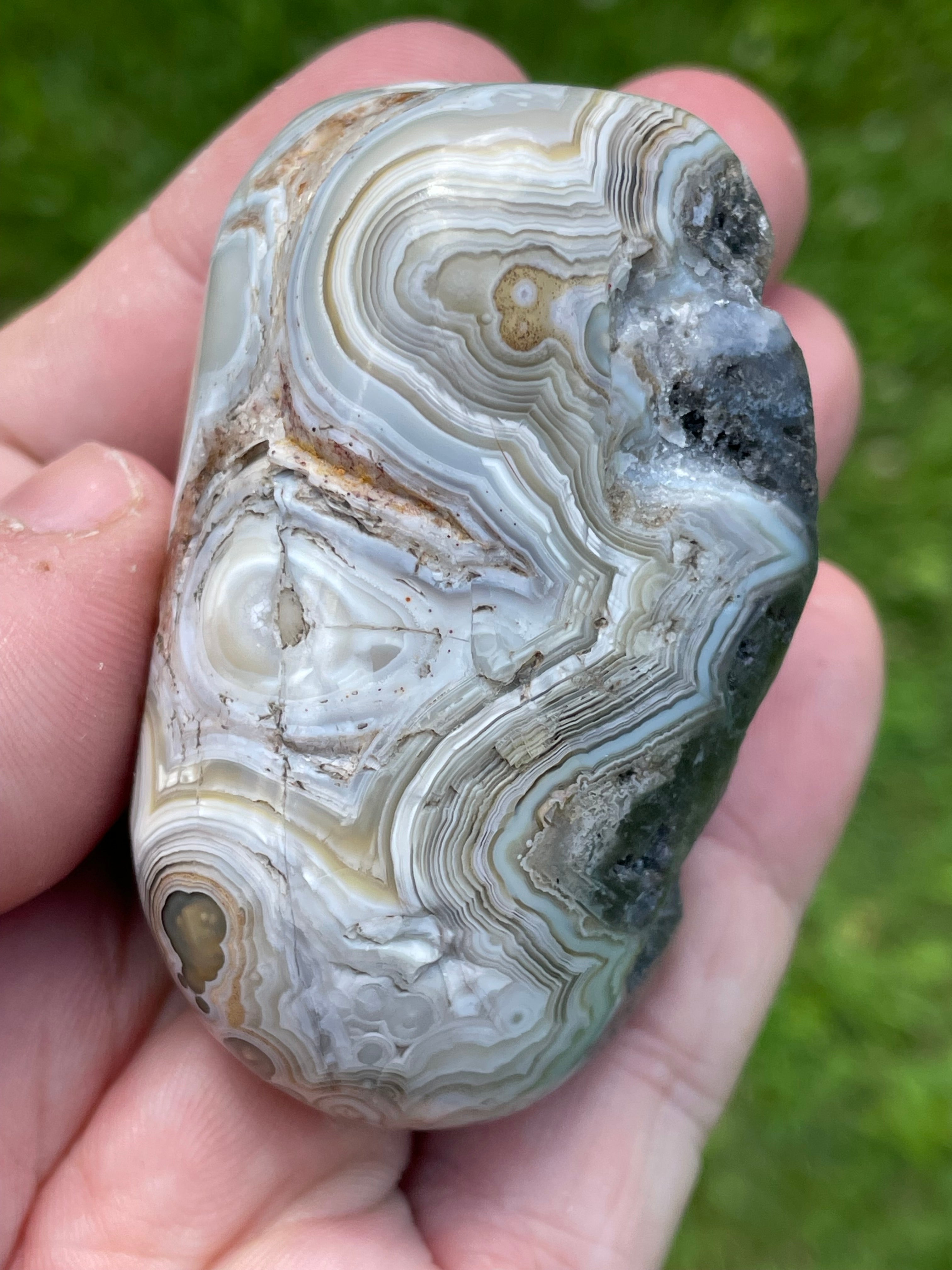 StoneBorn Creations Hand-Polished Lace Agate Freeform with Intricate Fortification Banding, Orbicular Eyes & Preserved Natural Matrix