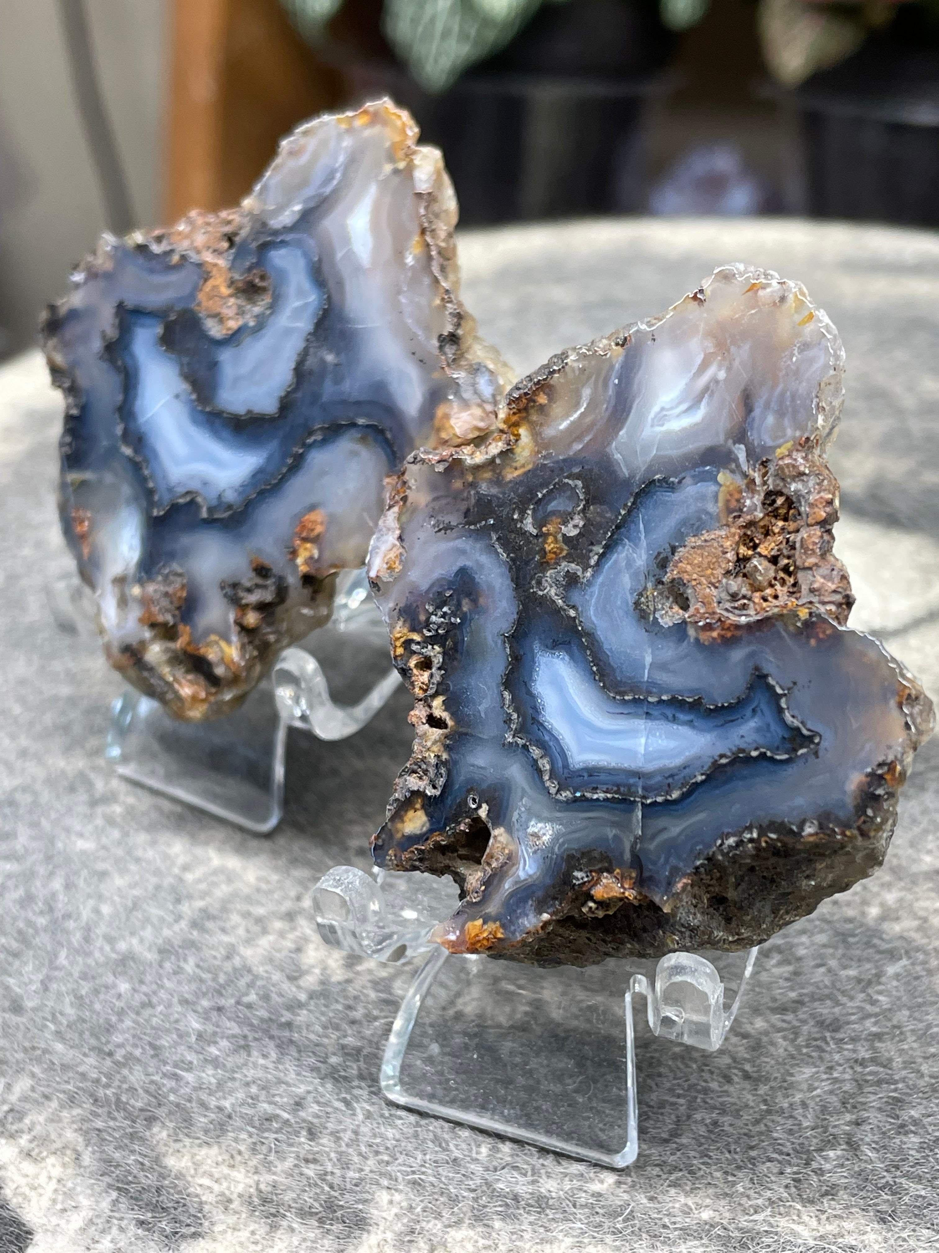 StoneBorn Creations Hand-Polished Banded Agate Pair – Cut Matching Halves with Steel-Blue Fortification Bands