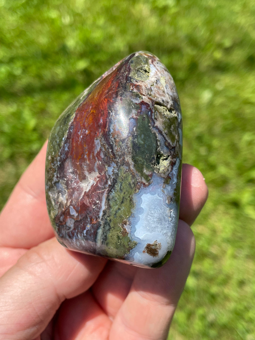 StoneBorn Creations Hand-Polished Green Serpentine & Red Jasper Freeform with Blue Chalcedony Pockets