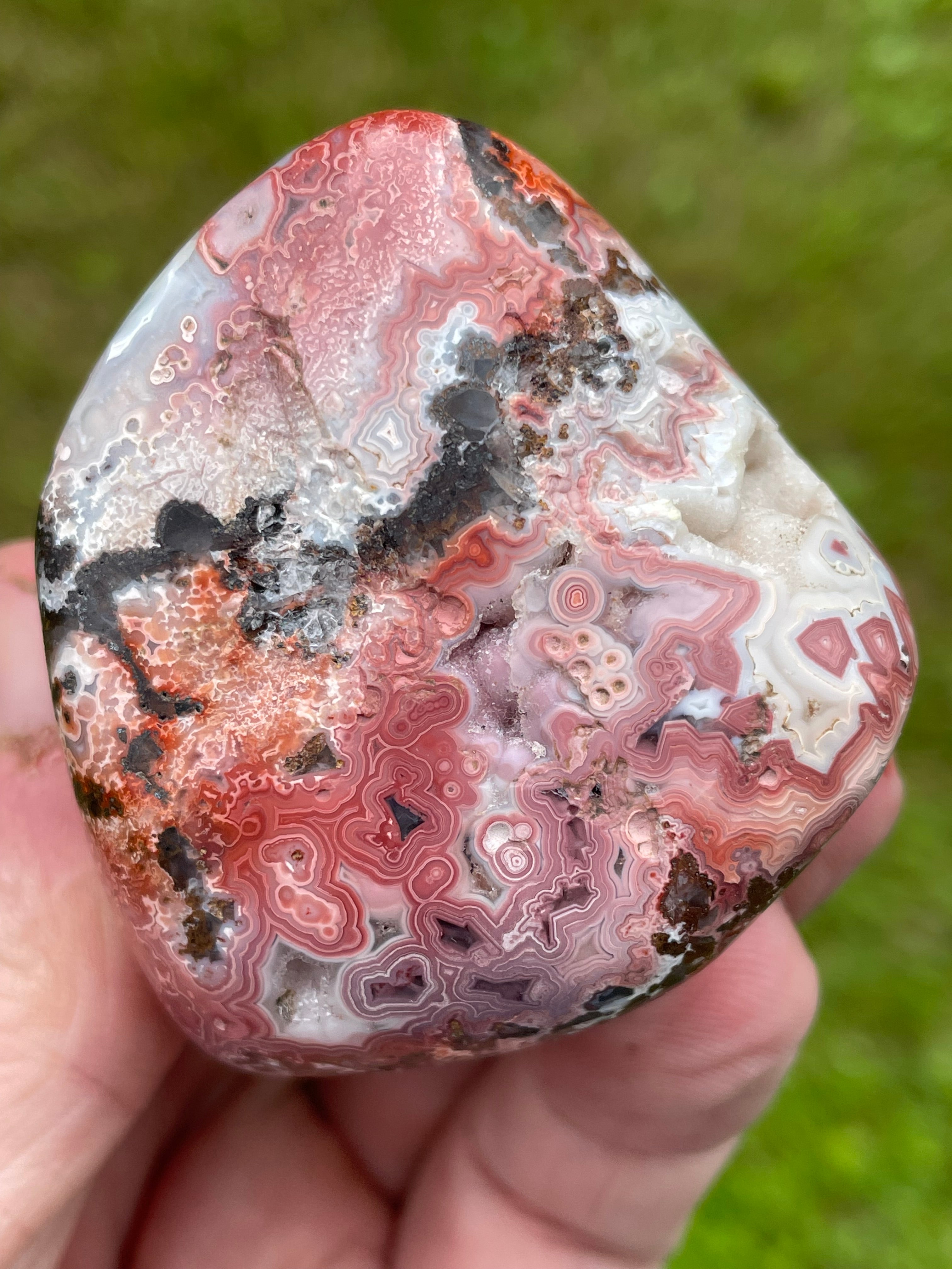 StoneBorn Creations Hand-Polished Lace Agate Freeform with Crimson Fortification Banding, Natural Druzy Cavities, and Intricate Orbicular Patterns