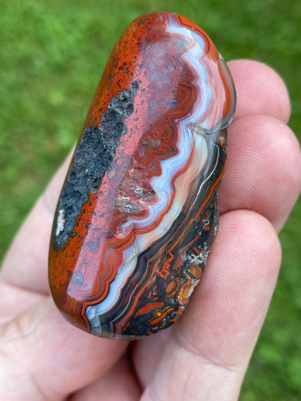 StoneBorn Creations Hand-Polished Lace Agate Freeform with Intricate Fortification Banding, Bold Red Plumes & Natural Druzy Matrix