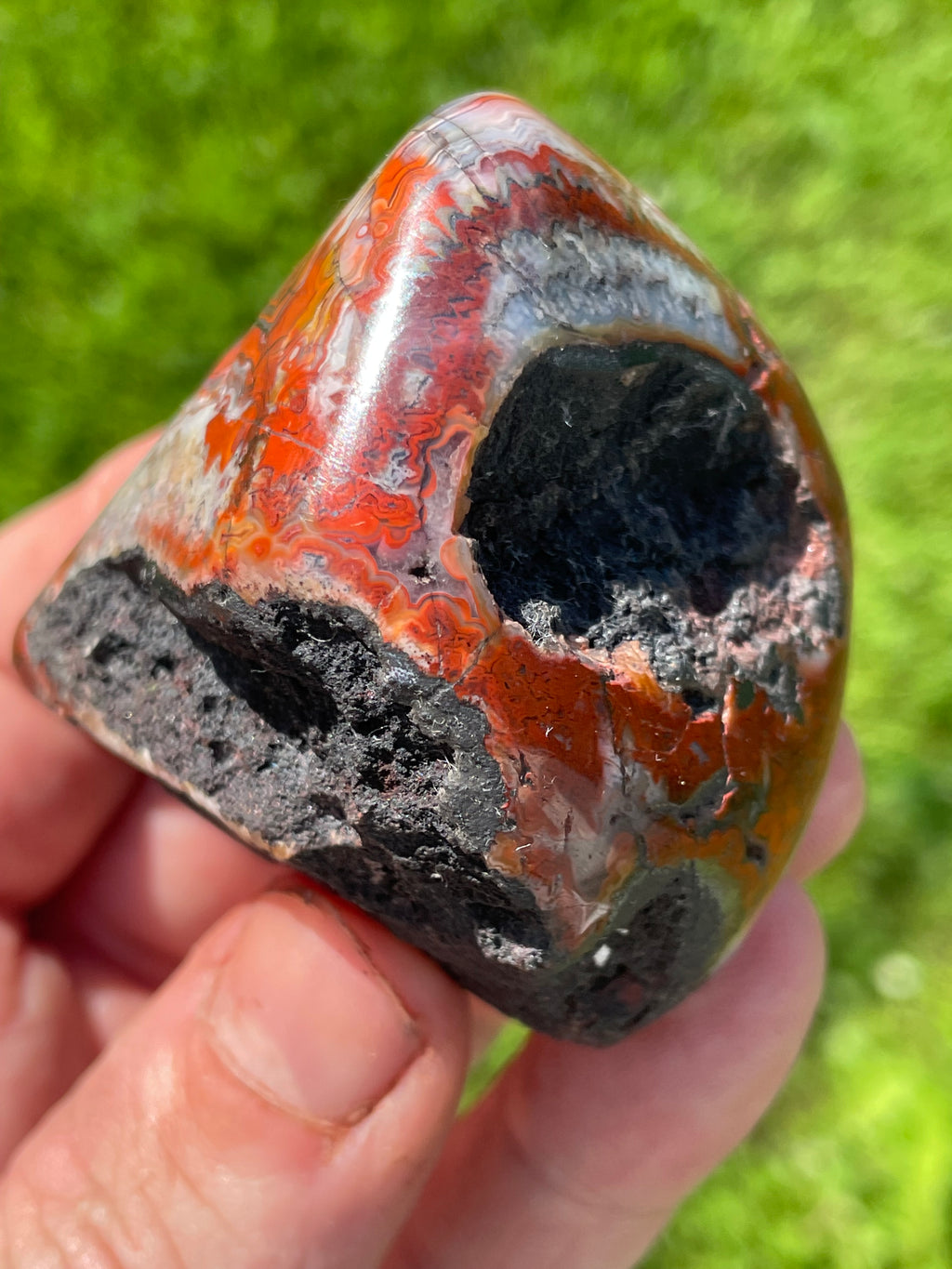 StoneBorn Creations Hand-Polished Lace Agate Freeform with Crimson Fortification Banding, Natural Druzy Pocket, and Preserved Volcanic Matrix