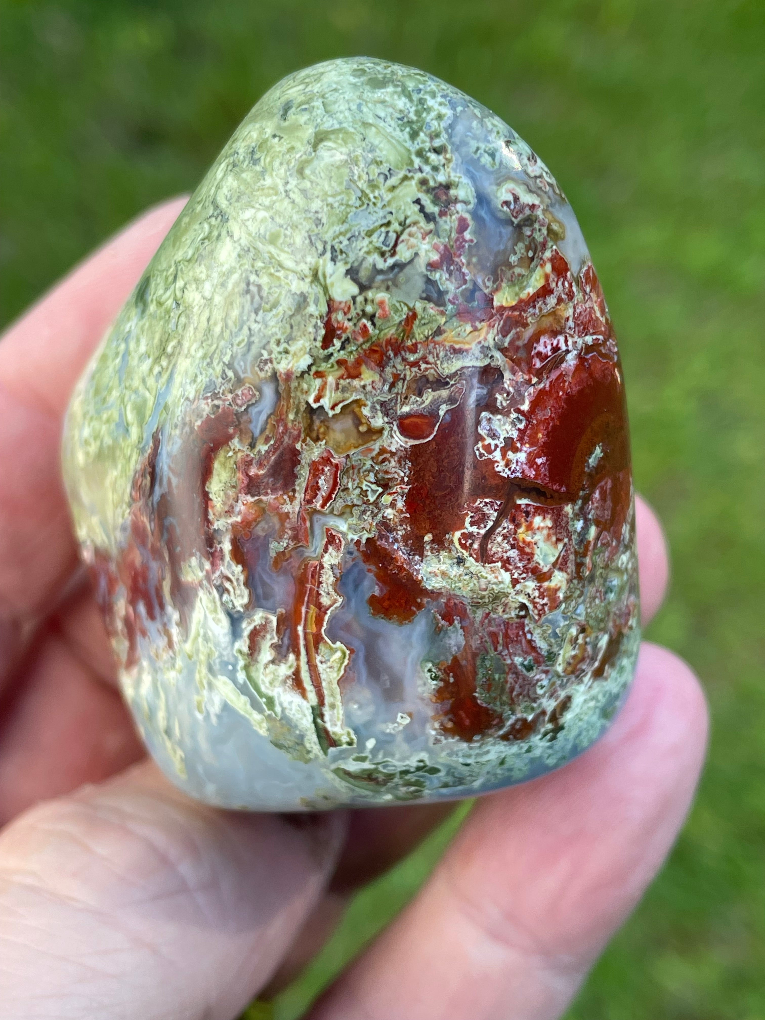 StoneBorn Creations Hand-Polished Agate Freeform with Blue Chalcedony, Deep Red Jasper Inclusions and Green Mossy Matrix