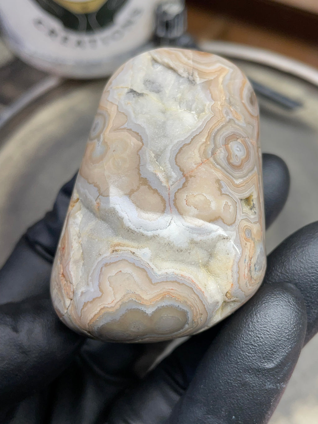 StoneBorn Creations – Hand Polished Georgia Lace Agate with Natural Druzy Crystal Pocket | One-of-a-Kind Display Stone