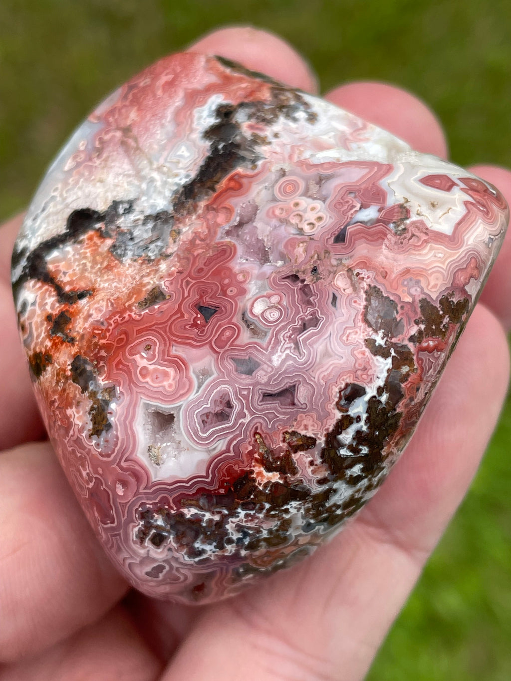 StoneBorn Creations Hand-Polished Lace Agate Freeform with Crimson Fortification Banding, Natural Druzy Cavities, and Intricate Orbicular Patterns