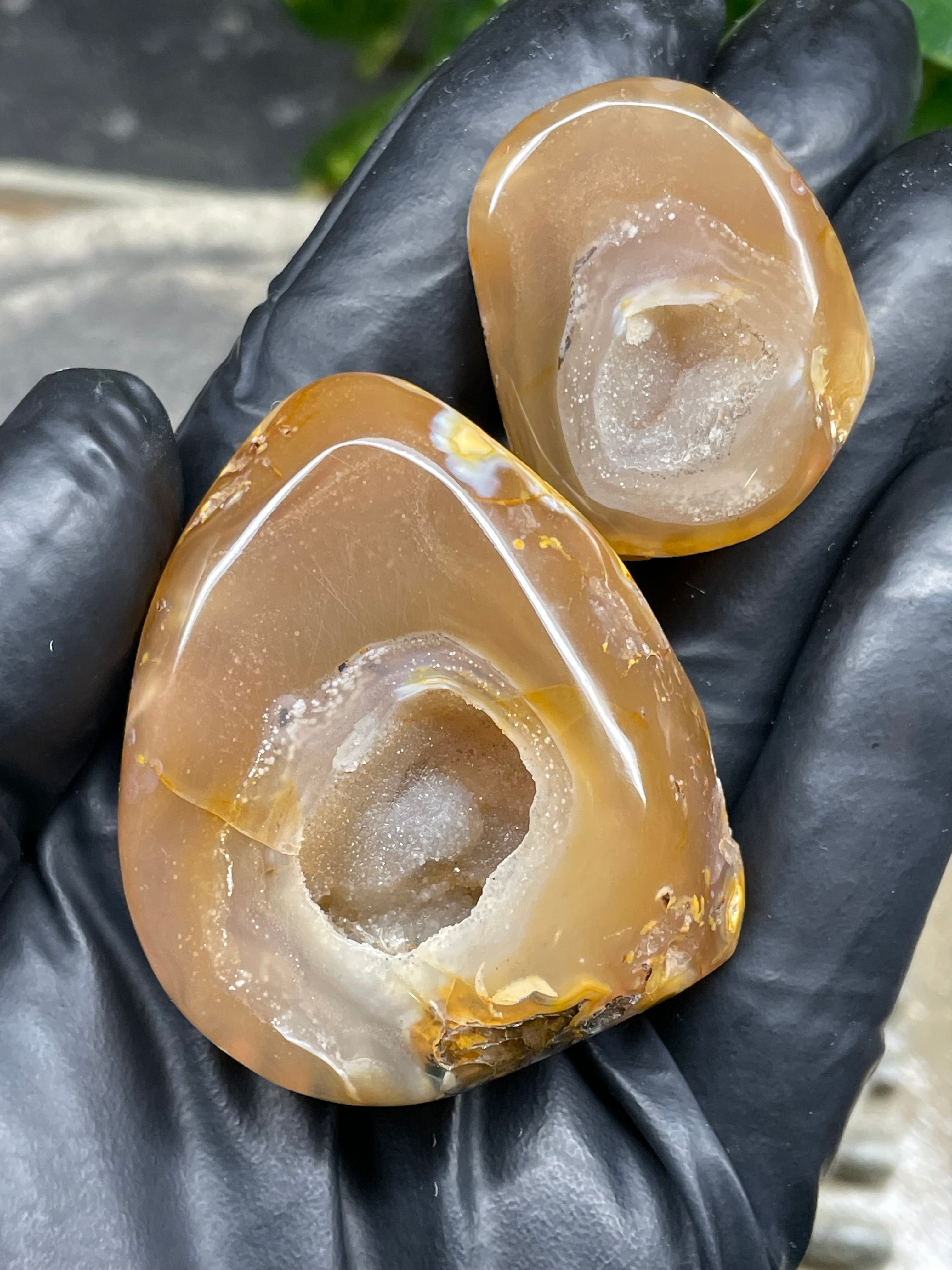 StoneBorn Creations Hand-Polished Banded Agate Pair with Druzy Crystal Centers – Rounded Freeform Stream Stone Halves