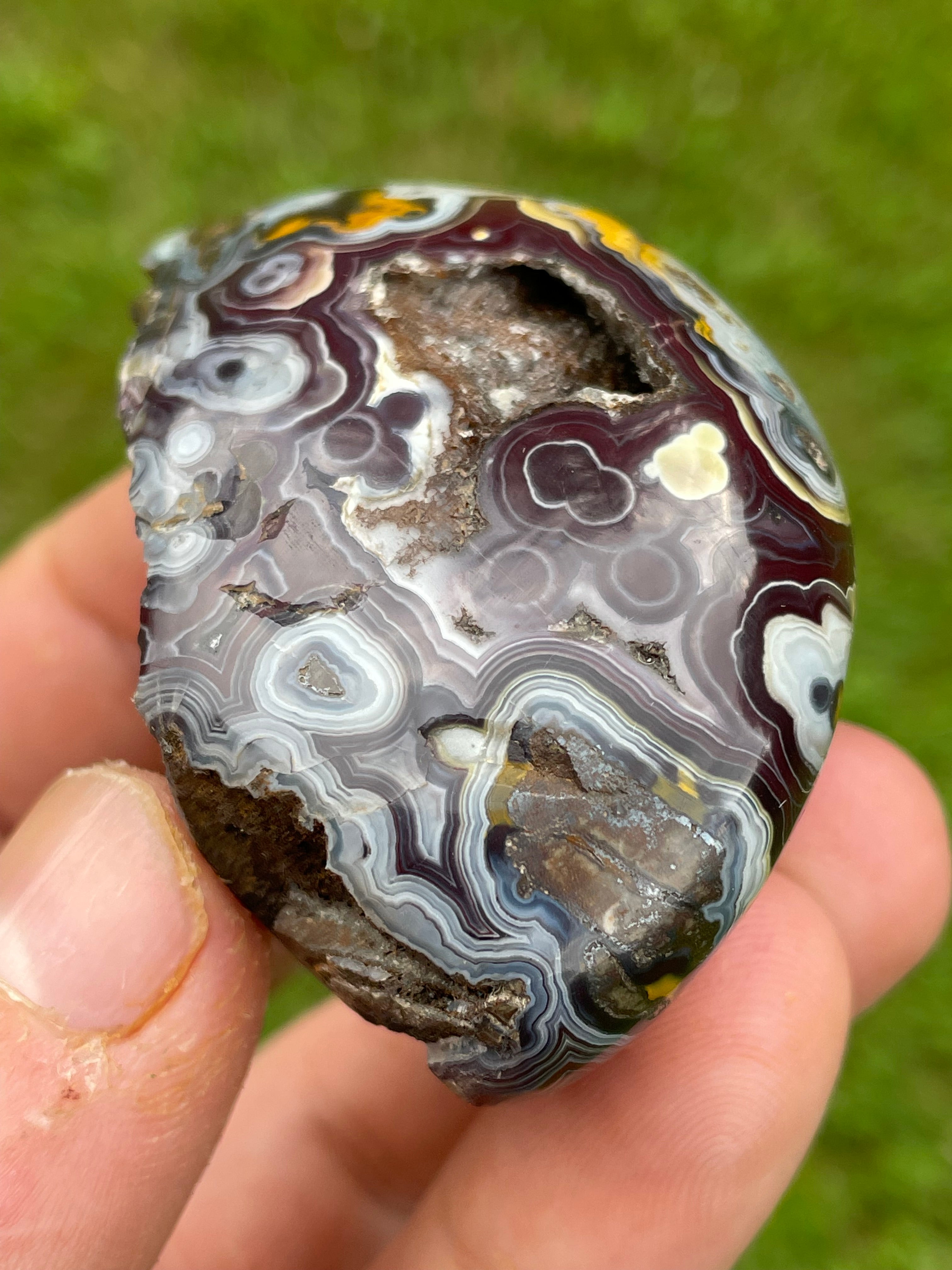 StoneBorn Creations Hand-Polished Lace Agate Freeform with Natural Druzy Quartz Pocket & Orbicular Banding