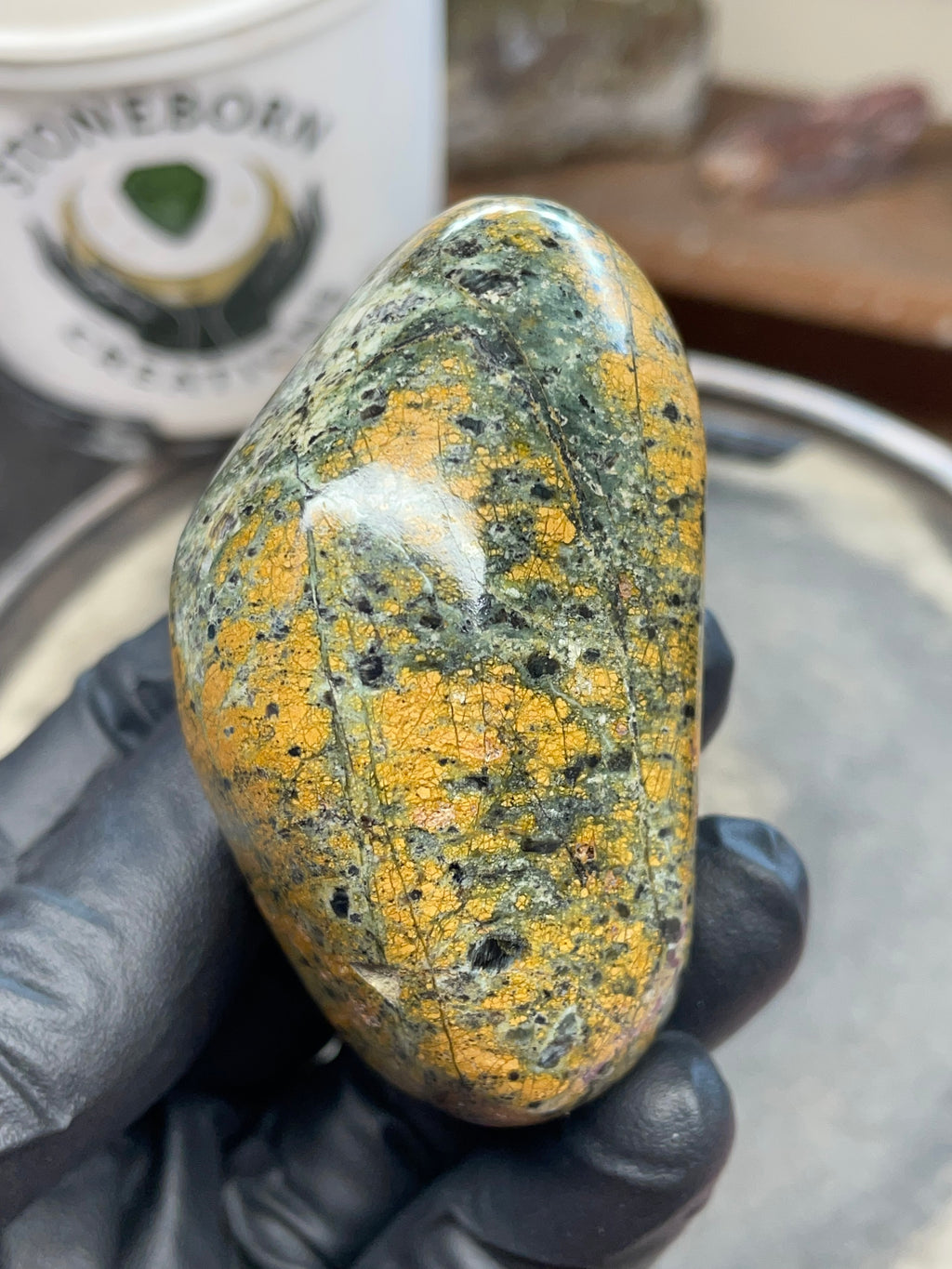 StoneBorn Creations – Hand Polished Vermont Greenstone with Golden Matrix & Quartz Veins