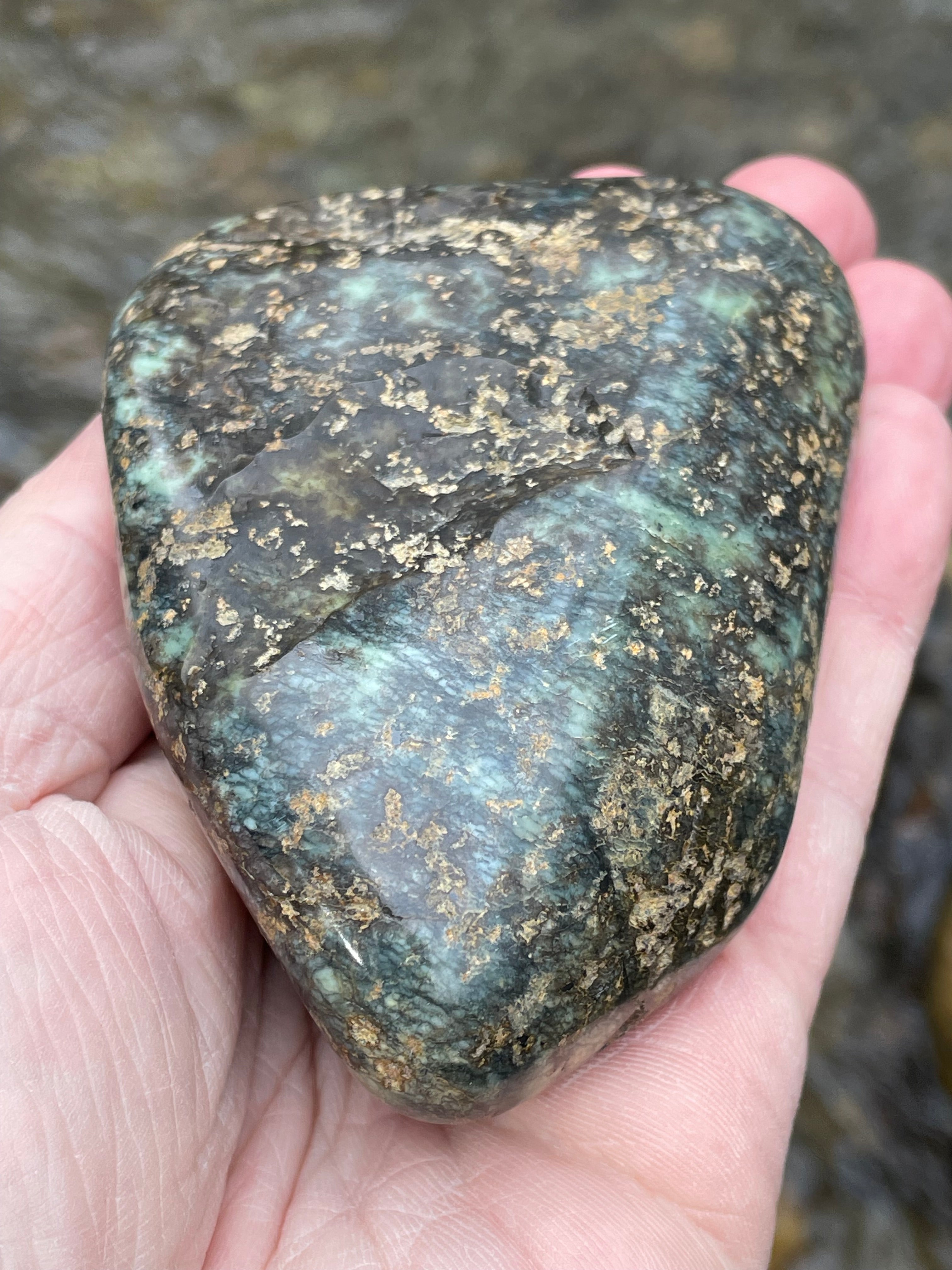 StoneBorn Creations Hand-Polished Vermont Serpentine with Golden Flecking Deep Forest Greens Full 360 Finish