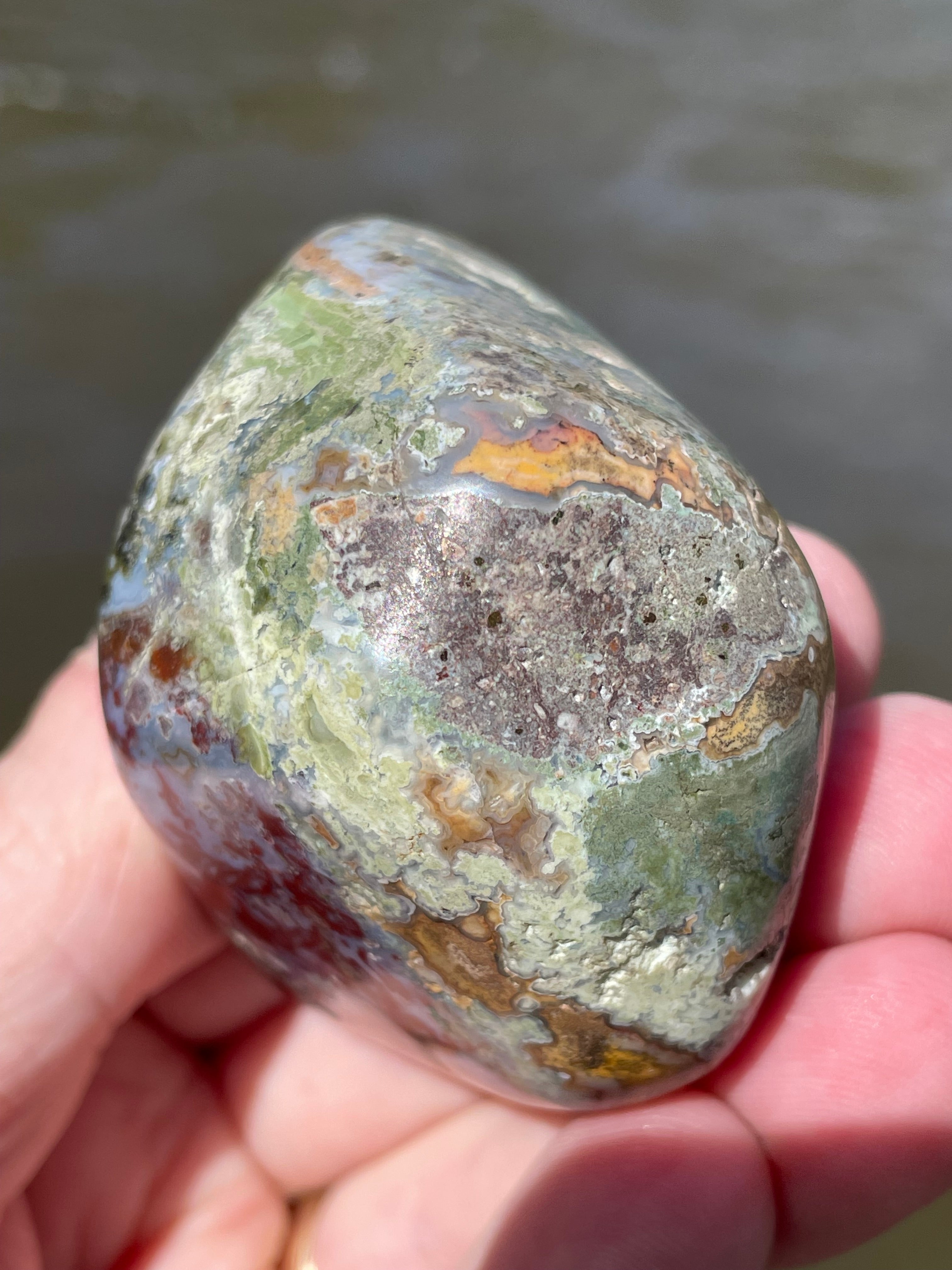 StoneBorn Creations Hand-Polished Lace Agate with Crimson Plumes, Moss Green Inclusions & Natural Freeform Finish