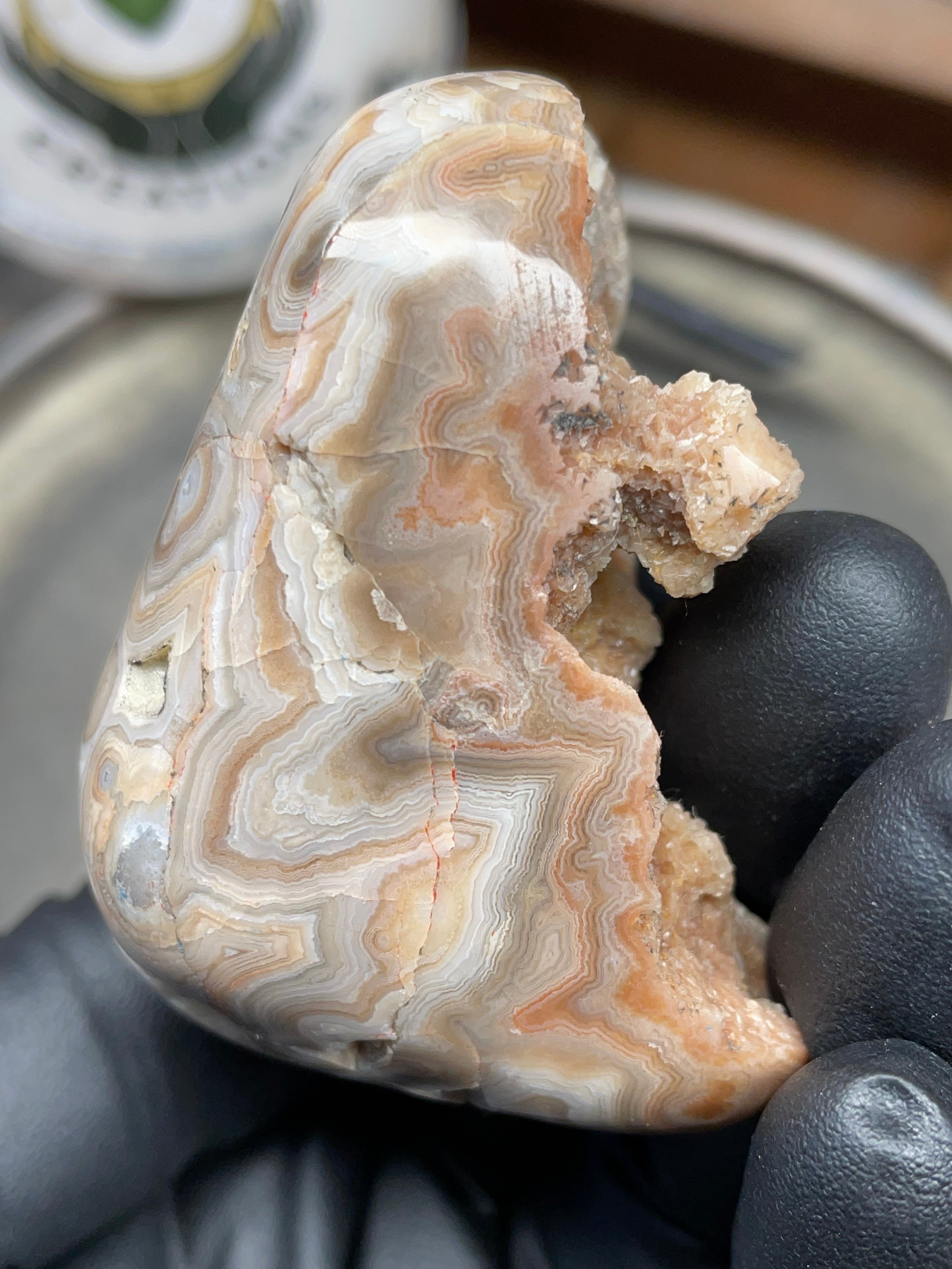 StoneBorn Creations – Hand Polished Georgia Lace Agate with Natural Druzy Crystal Pocket | One-of-a-Kind Display Stone