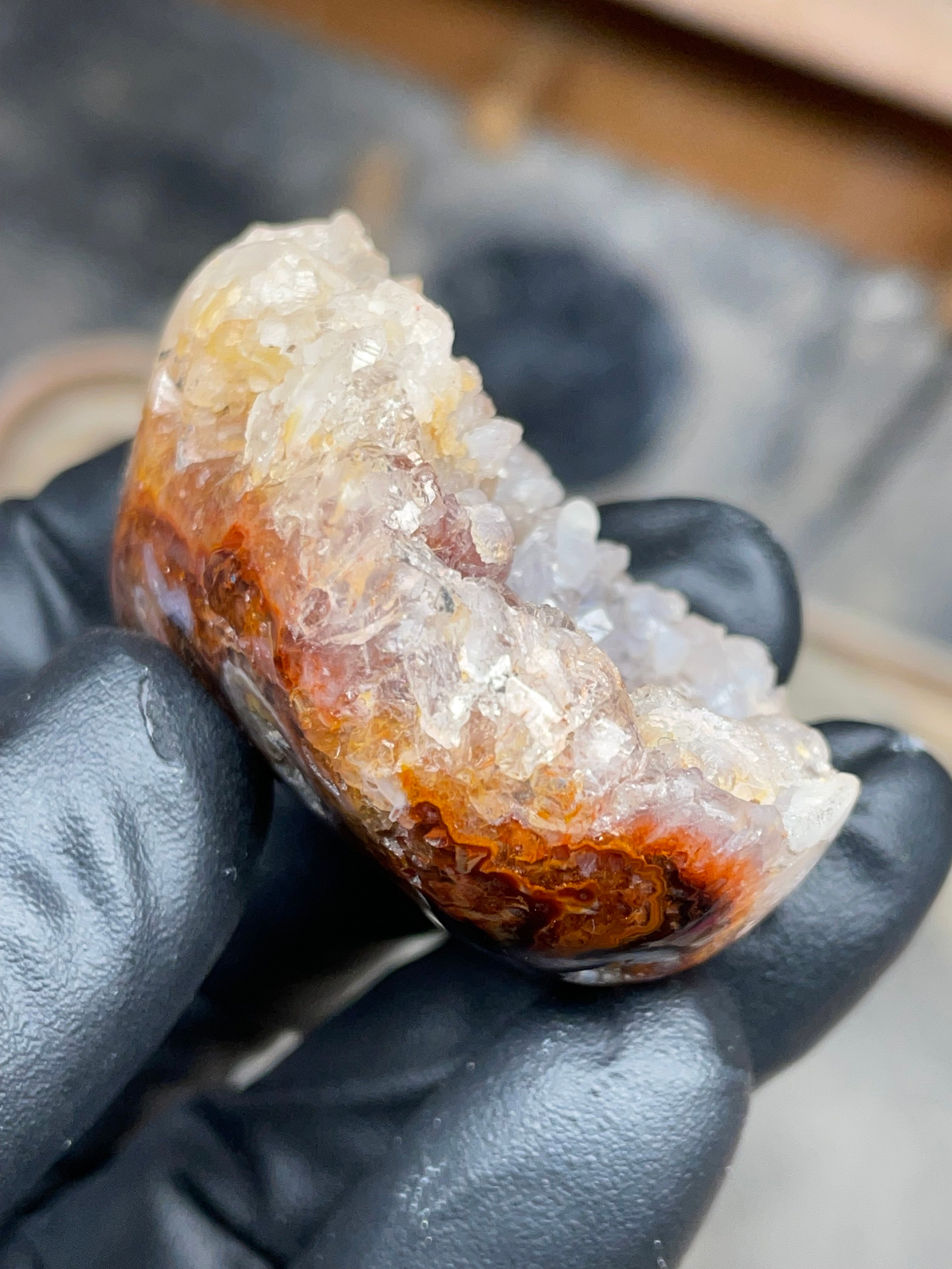 StoneBorn Creations Hand-Polished Fire Agate with Raw Crystal Top – Banded Natural Agate Display Stone