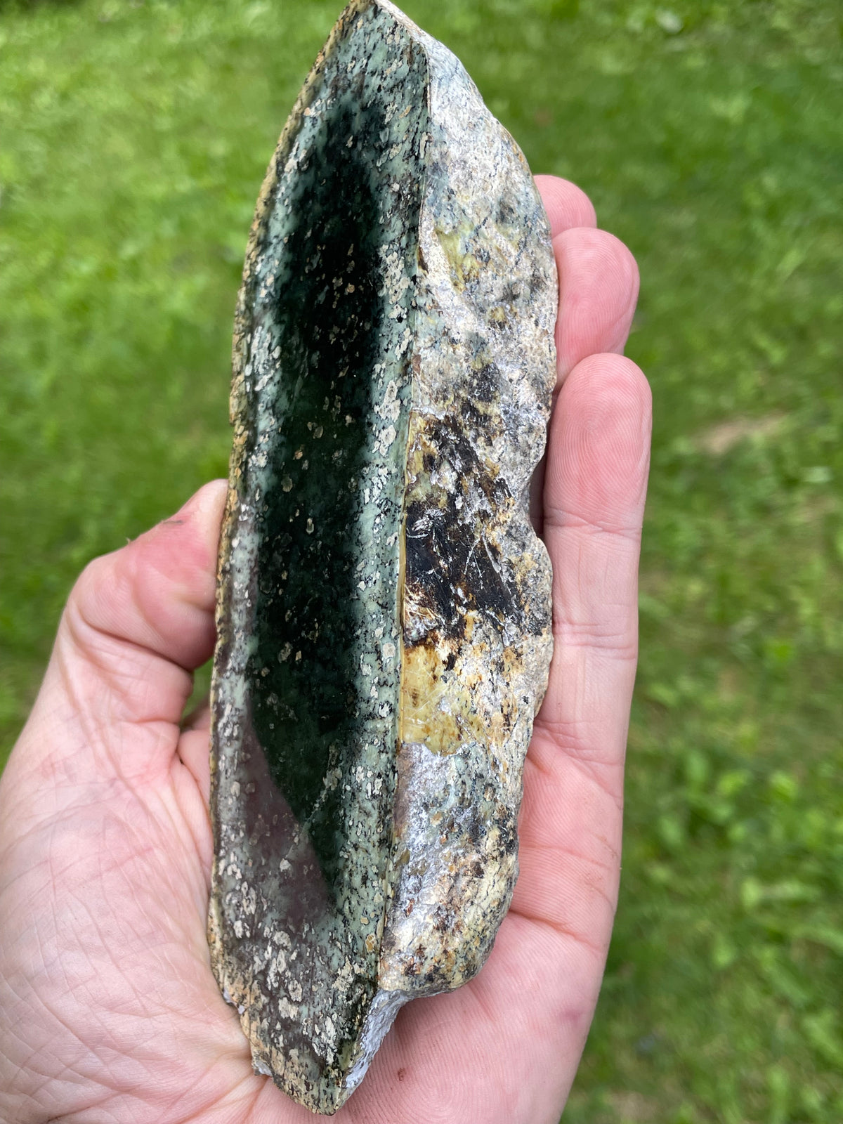 StoneBorn Creations – Deep Forest Green Serpentine Display Stone | Natural Polished Face with Black & Sage Green Mineral Patterns