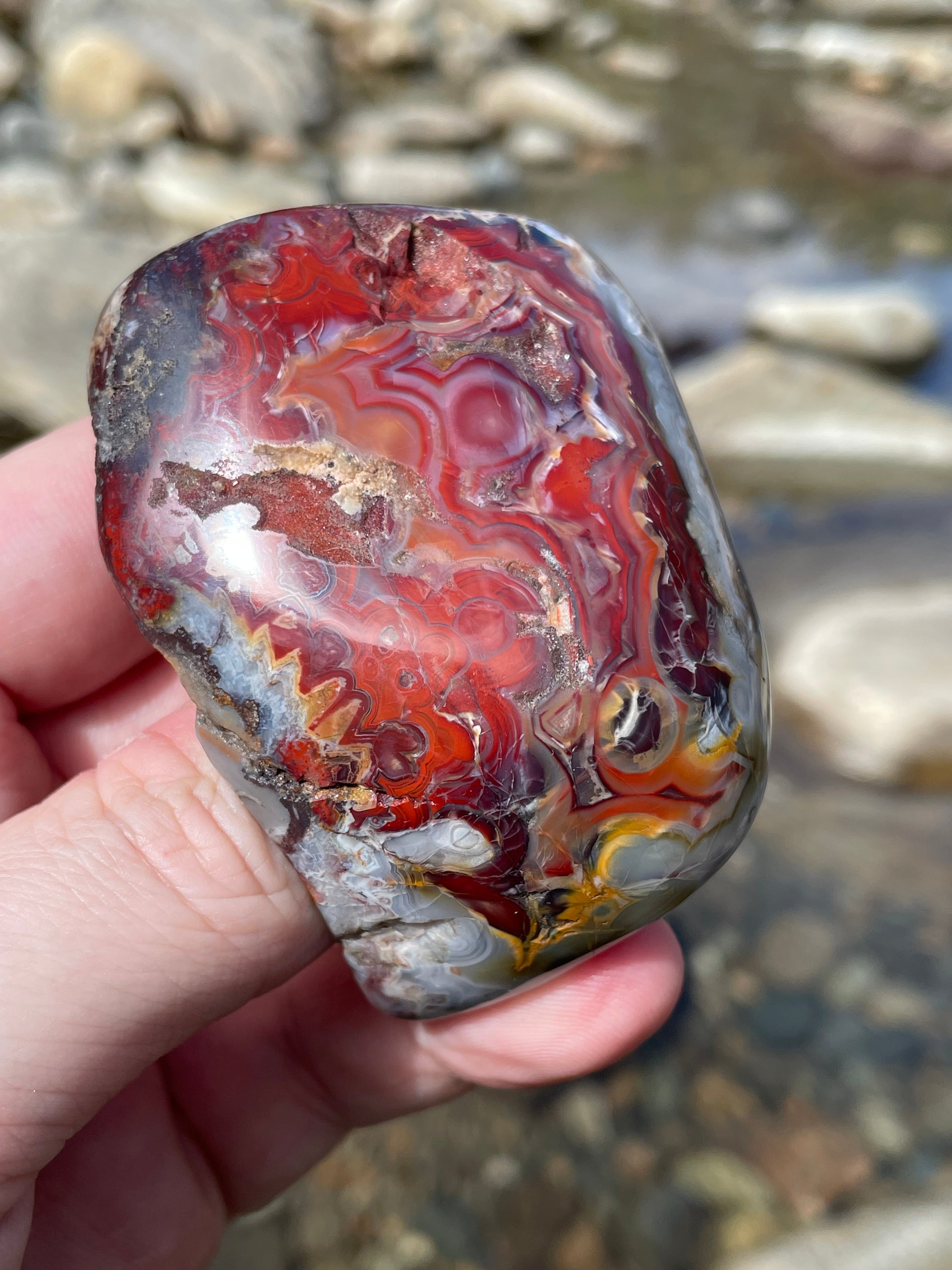 StoneBorn Creations Hand Polished Lace Agate Freeform with Fiery Crimson Banding and Natural Raw Backing