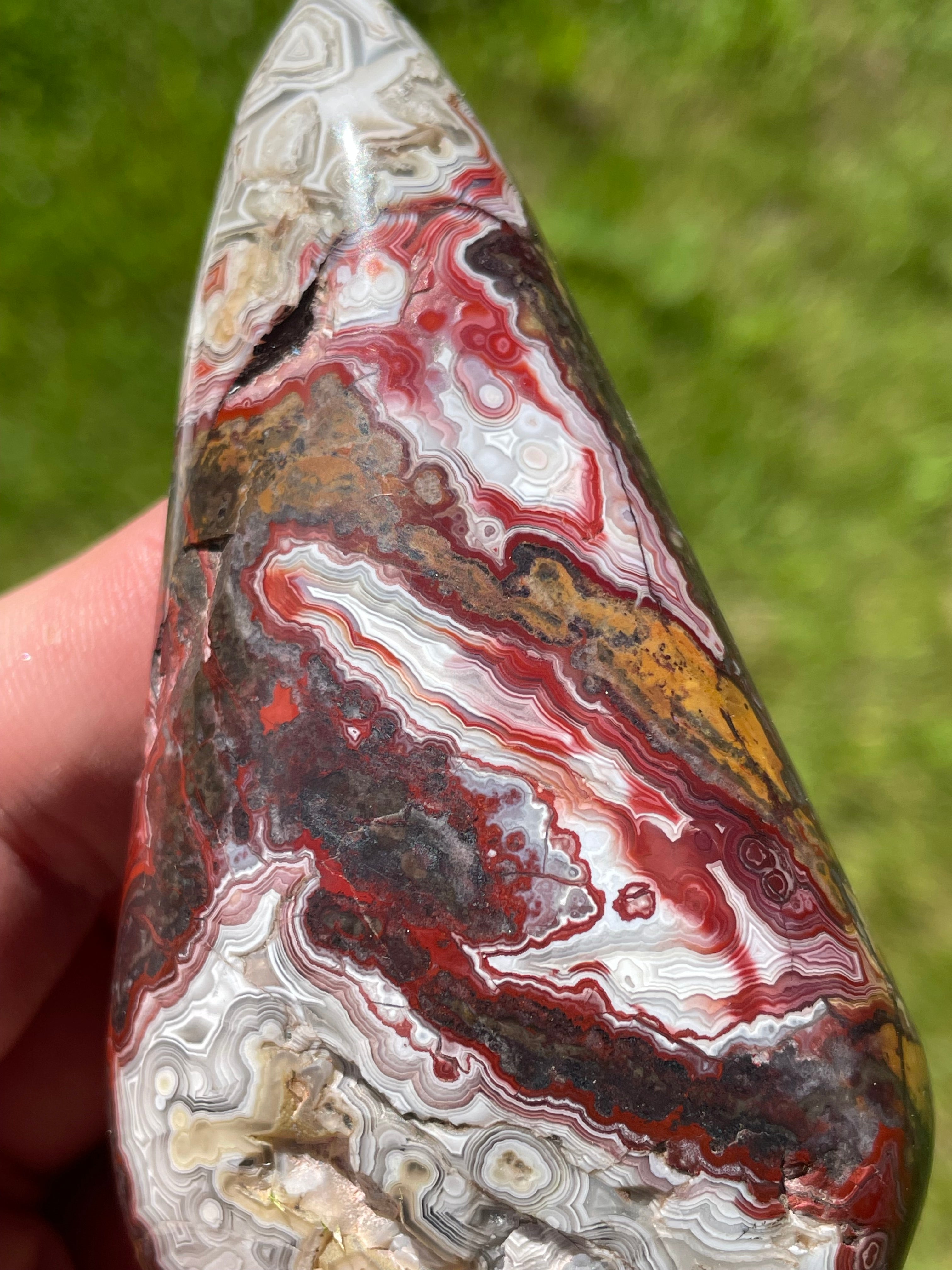 StoneBorn Creations Hand-Polished Lace Agate Freeform with Deep Crimson Banding, Intricate Fortification Patterns, and Natural Druzy Pocket