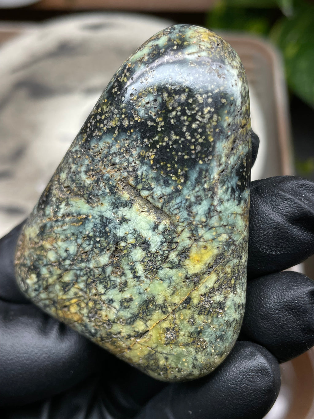 Hand-Polished Vermont Serpentine with Golden Flecking, Deep Green Tones, and Natural Matrix Freeform Finish