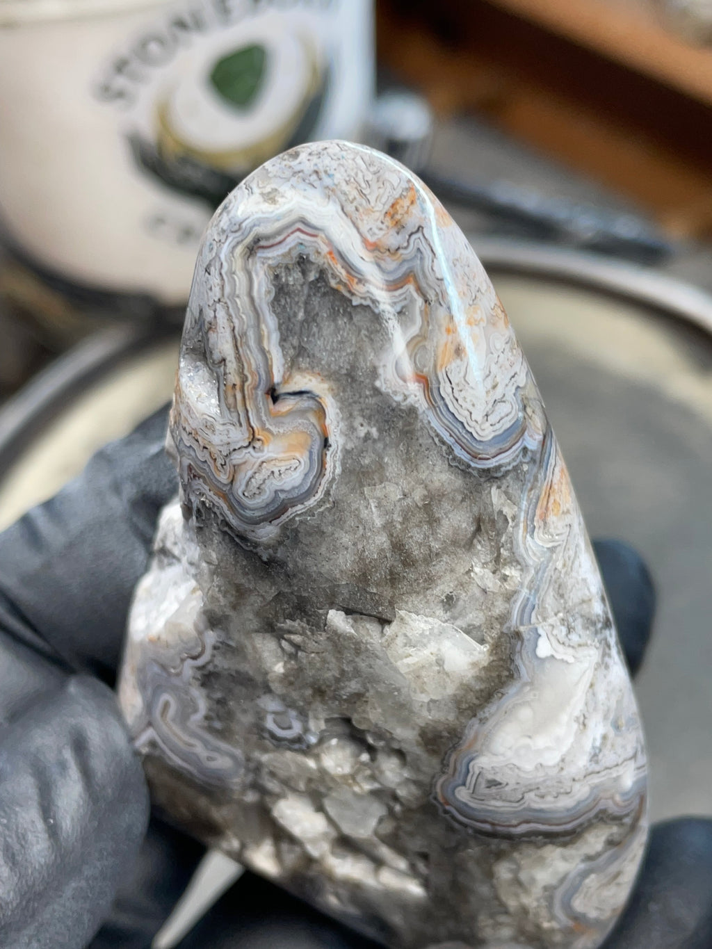 StoneBorn Creations | Hand-Polished Lace Agate with Natural Quartz Crystal Pockets