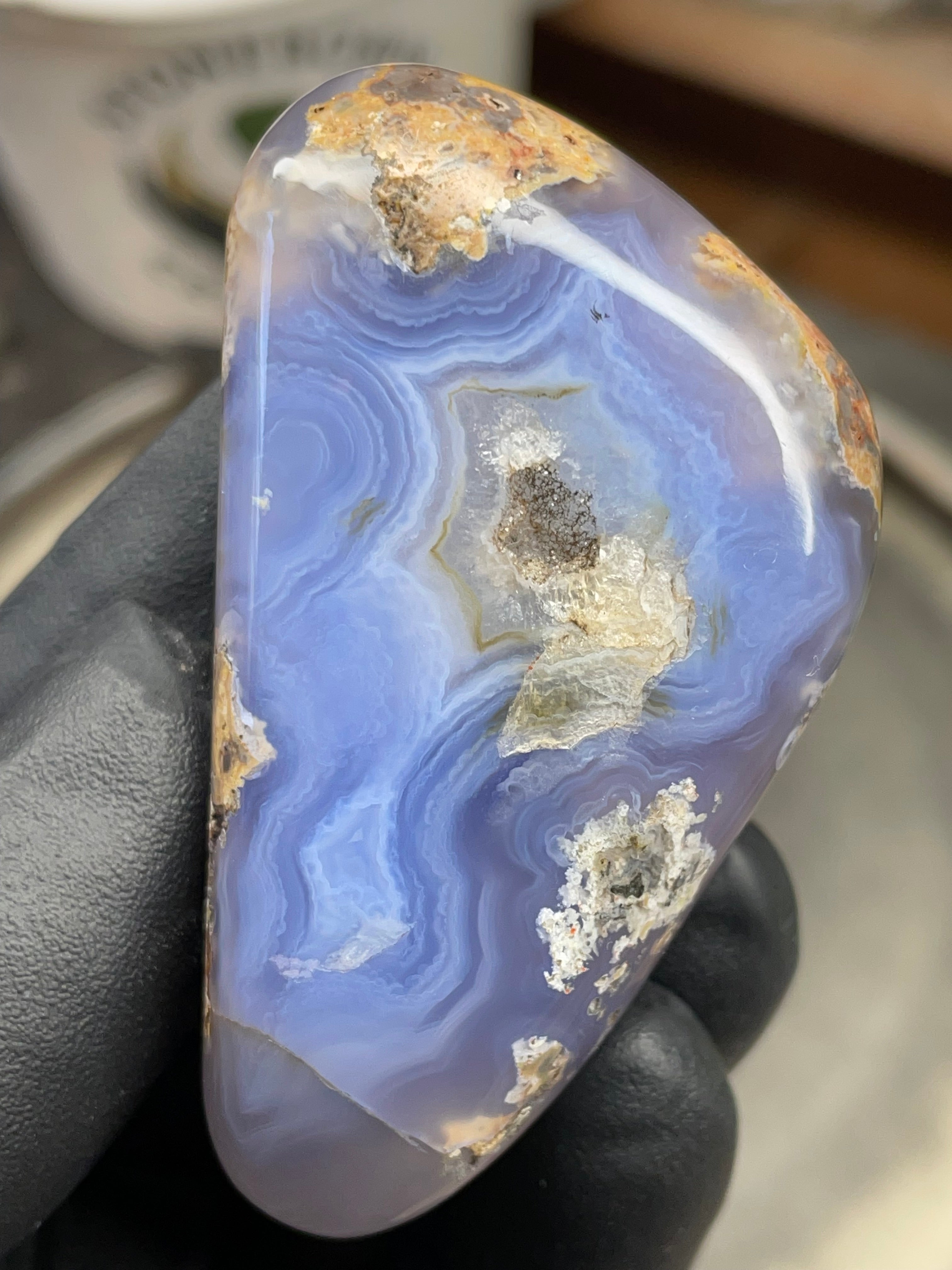 StoneBorn Creations Hand-Polished Blue Lace Agate with Natural Druzy Crystal Pocket & Earth-Toned Matrix