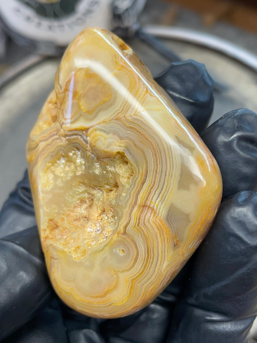 StoneBorn Creations – Crowley Ridge Agate w/ Golden Lace Banding & Natural Druzy Pockets (Hand-Polished)