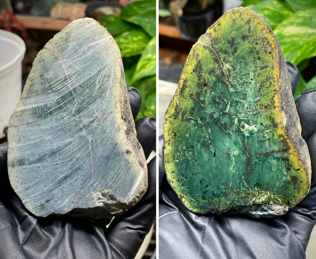StoneBorn Creations Hand-Polished Vermont Greenstone Pair – Deep Emerald Interior Freeform Halves with Natural Earthy Matrix