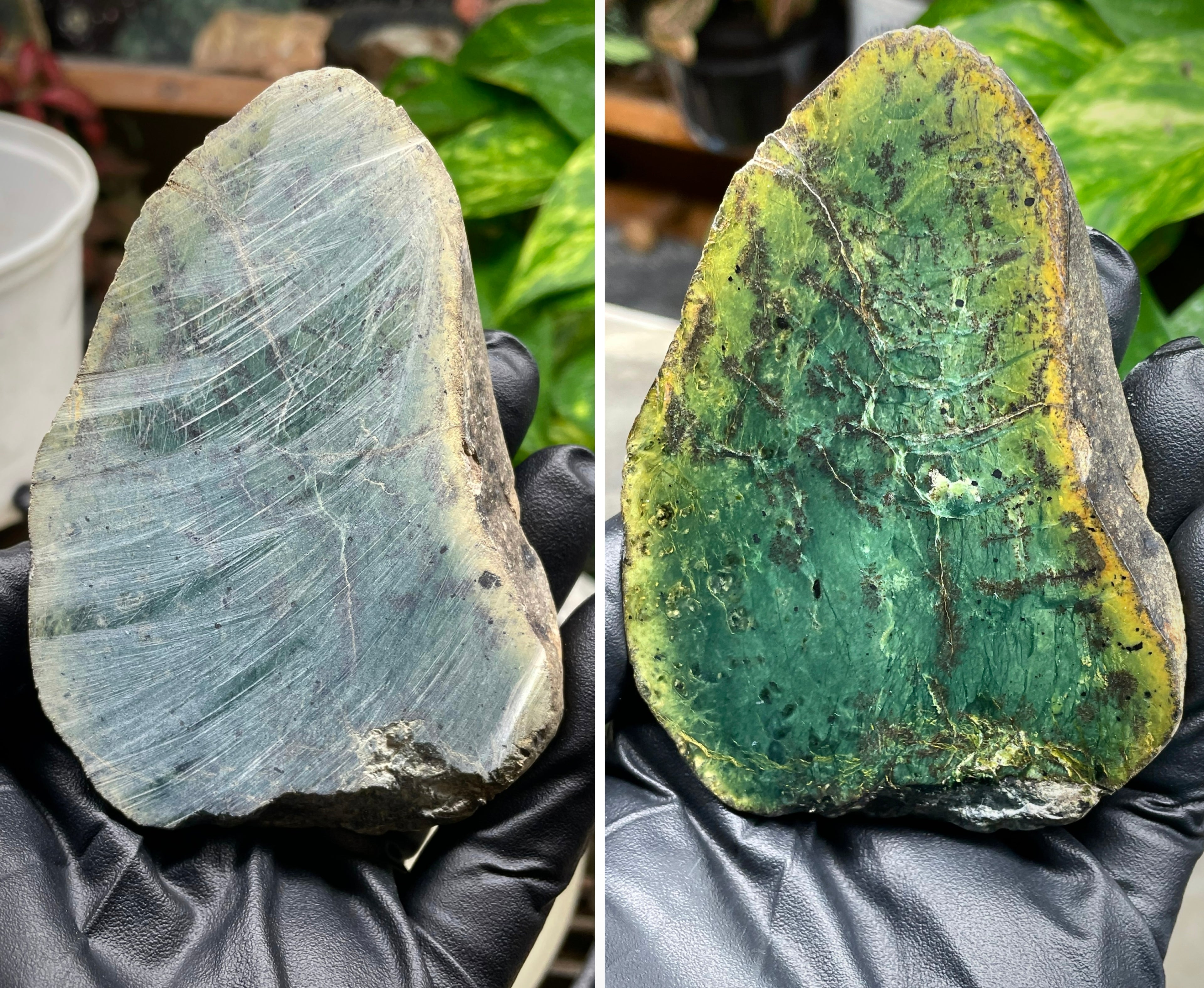 StoneBorn Creations Hand-Polished Vermont Greenstone Pair – Deep Emerald Interior Freeform Halves with Natural Earthy Matrix