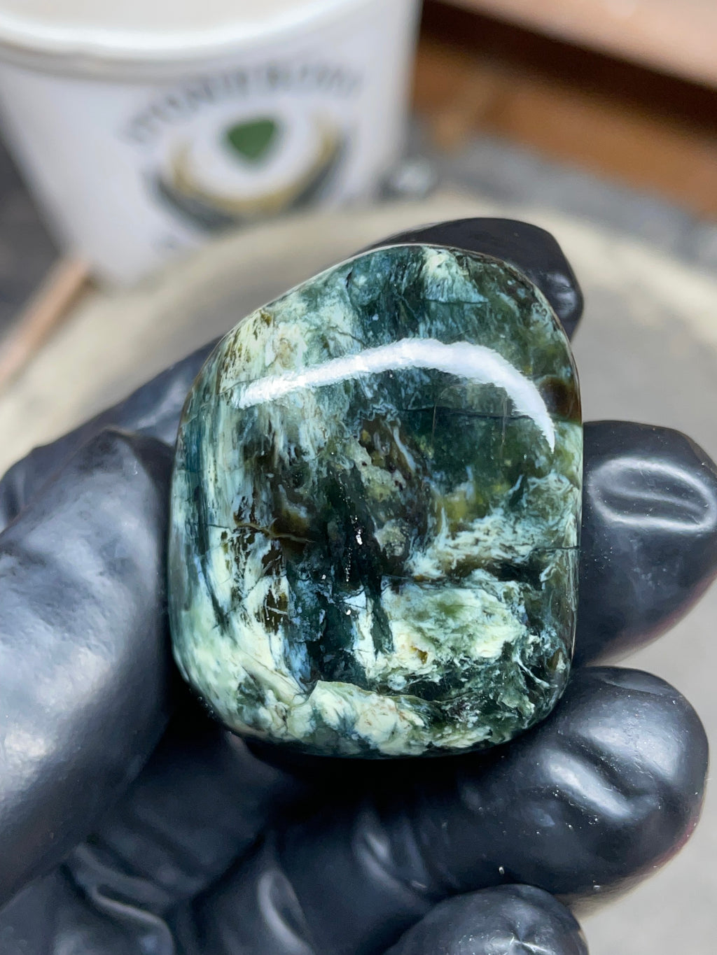 StoneBorn Creations Hand-Polished Vermont Serpentine – Deep Green Natural Patterns – One-of-a-Kind Display Stone