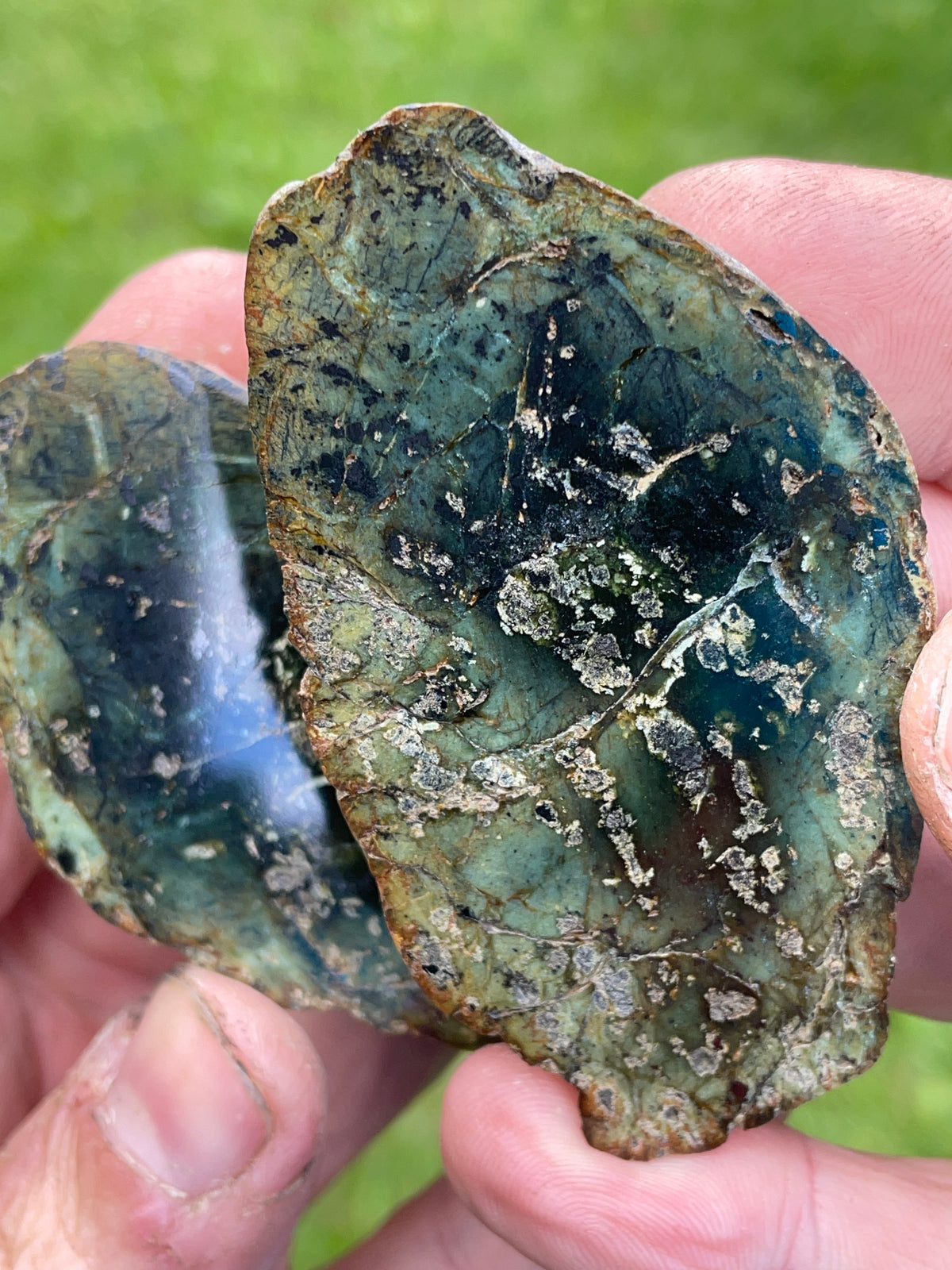StoneBorn Creations Green Serpentine Matching Pair with Metallic Mineral Inclusions – Hand Polished
