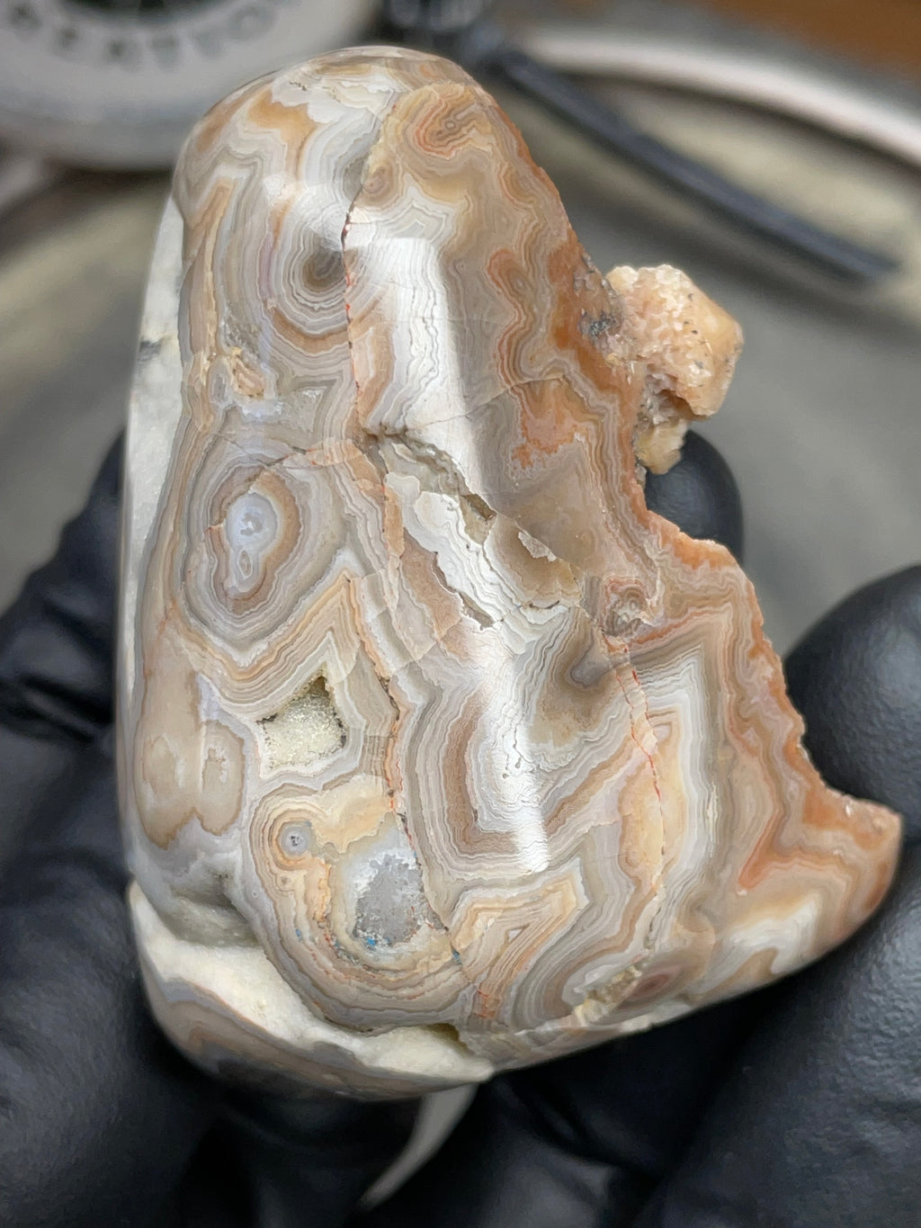 StoneBorn Creations – Hand Polished Georgia Lace Agate with Natural Druzy Crystal Pocket | One-of-a-Kind Display Stone