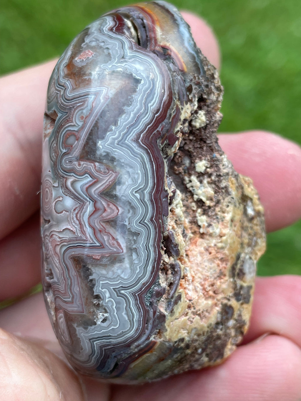 StoneBorn Creations Hand-Polished Custom Shaped Lace Agate Freeform with Natural Druzy Quartz, Orbicular Eyes & Fortification Banding