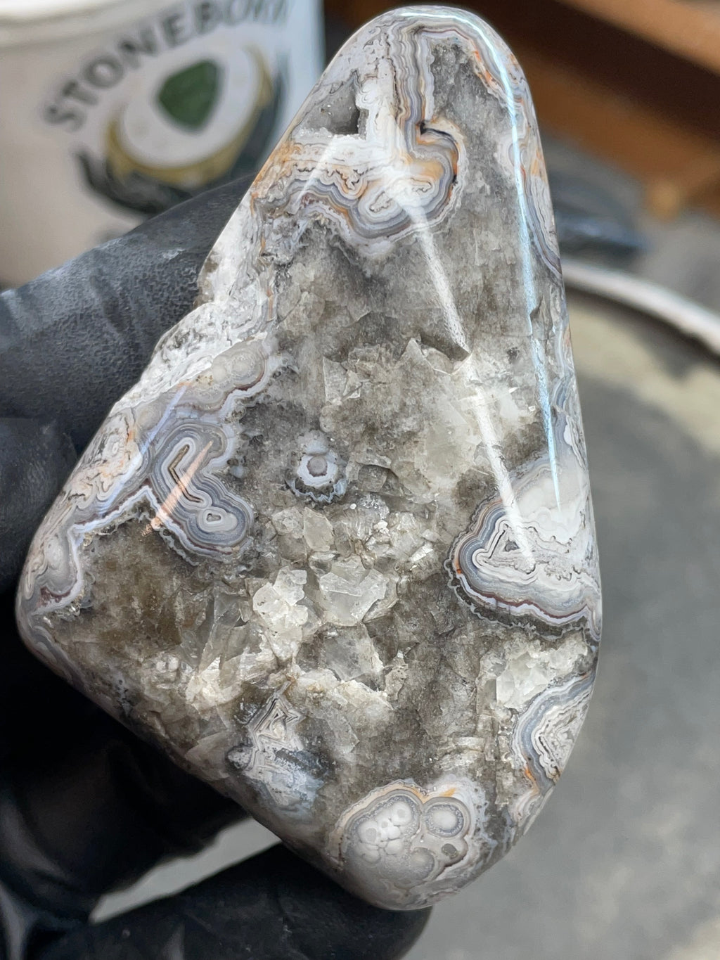 StoneBorn Creations | Hand-Polished Lace Agate with Natural Quartz Crystal Pockets